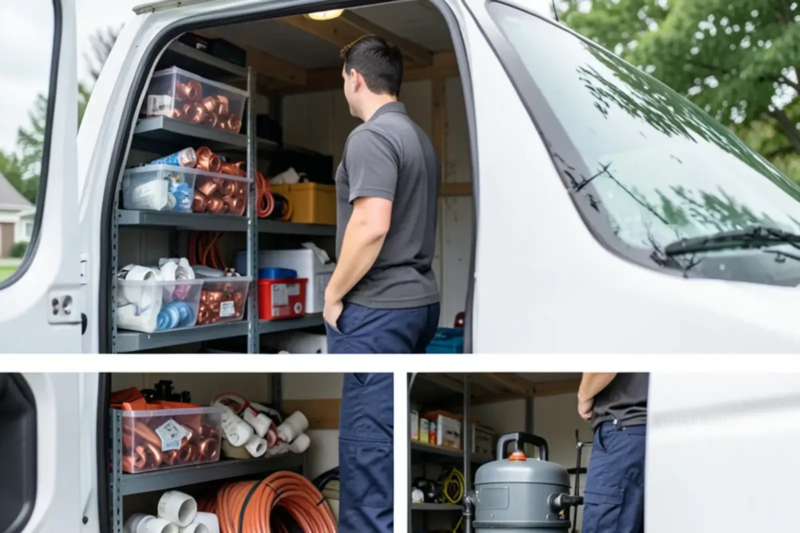 Organized van shelving with bins of copper, PEX and PVC fittings