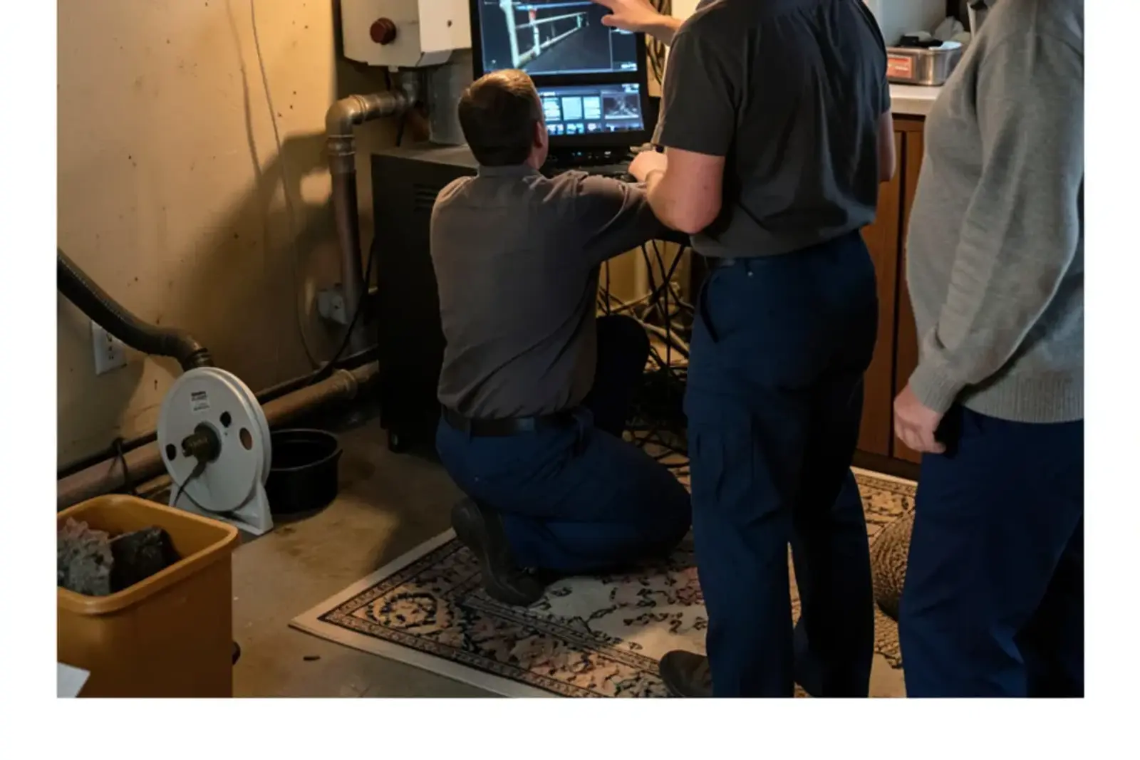 Plumber pointing at a sewer camera screen while a homeowner looks on in a basement