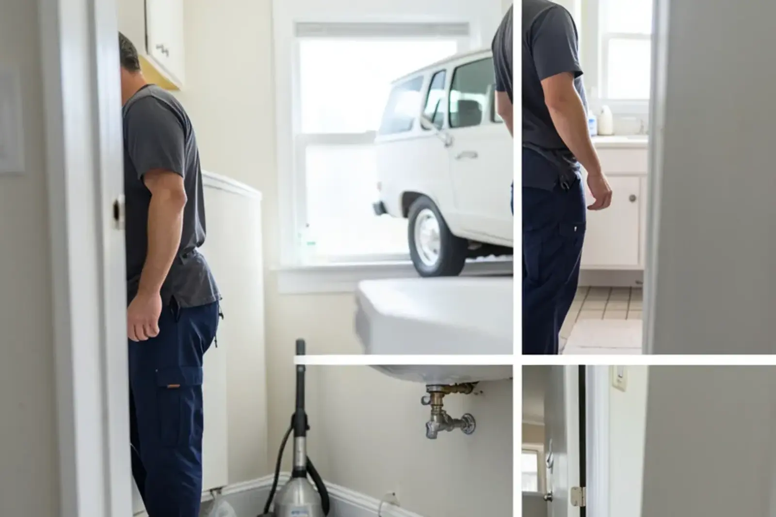 Drop cloths and a shop vacuum around a finished bathroom plumbing repair