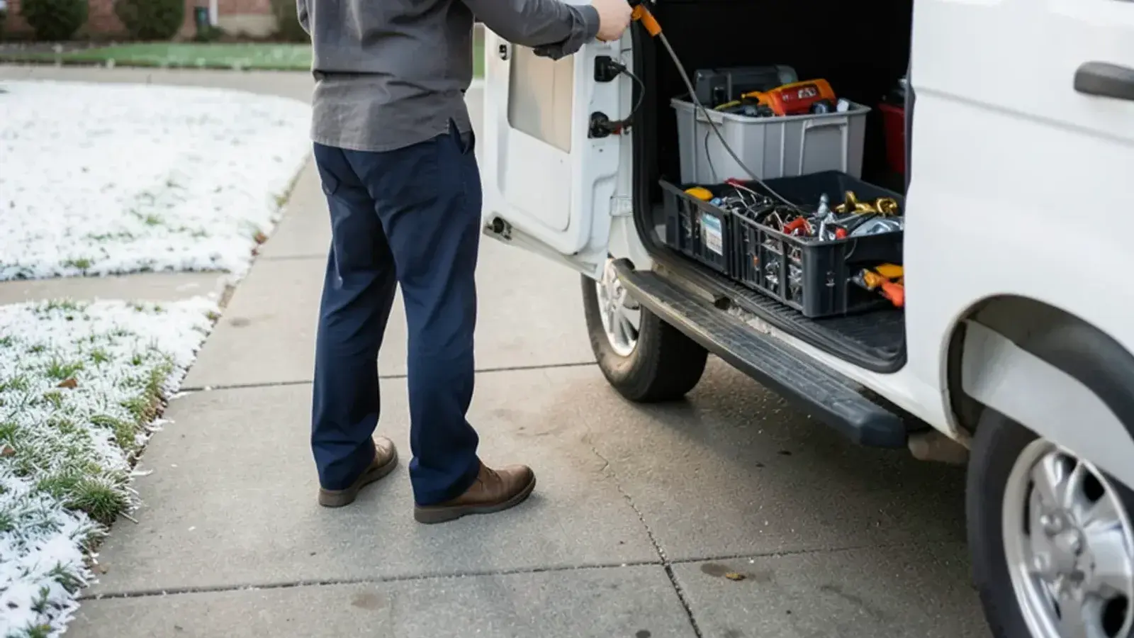 Plumber loading a pipe cutter and fittings into the back of a plain white van on a residential driveway