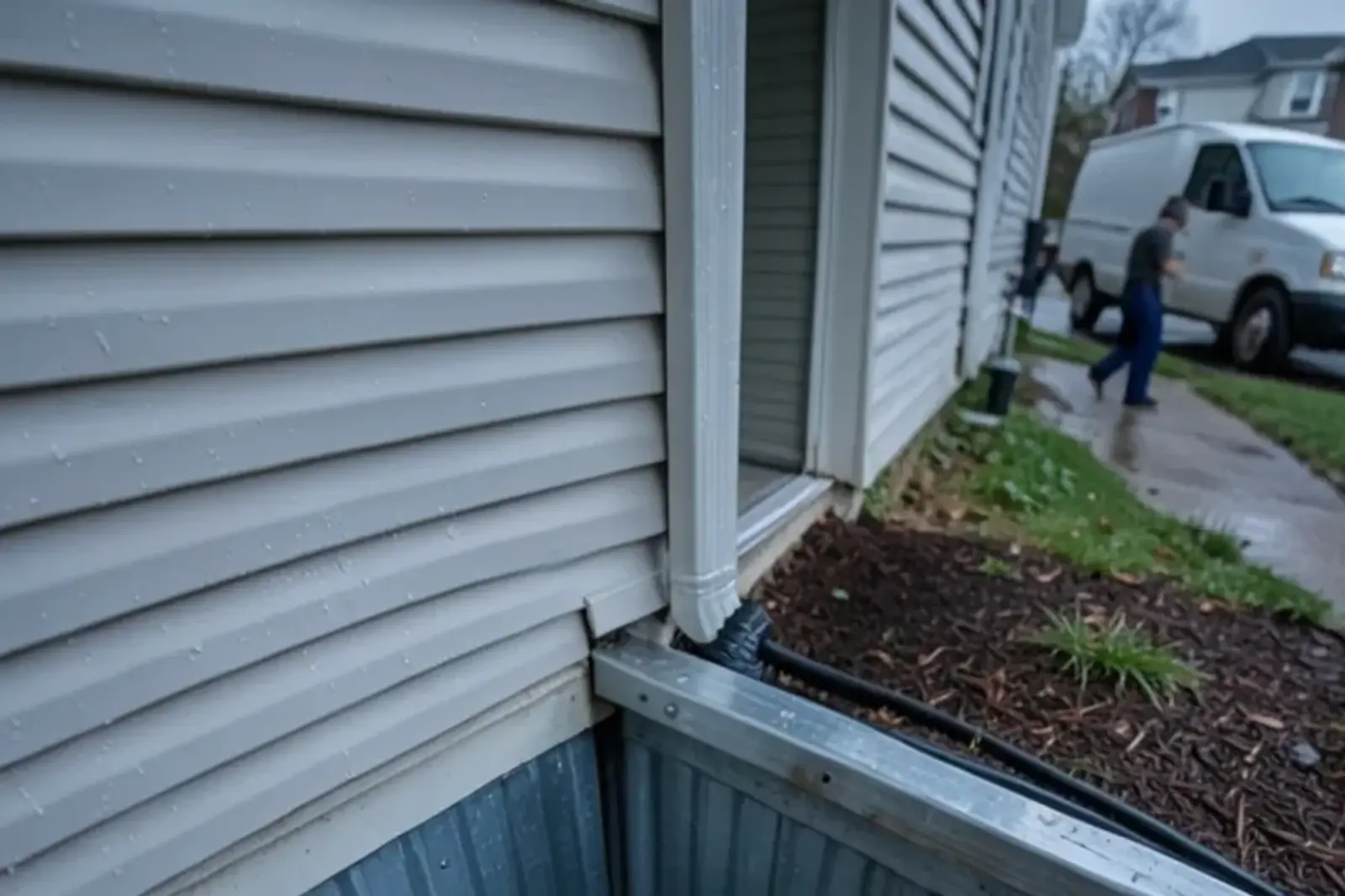Basement egress window well filled with rainwater against the foundation of a vinyl-sided house
