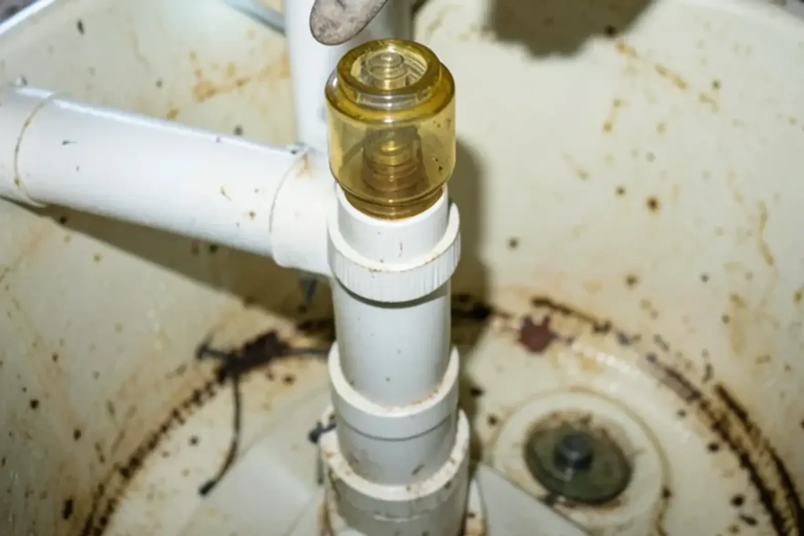 Aging sump pump with a discolored check valve on its discharge pipe in a 1990s basement