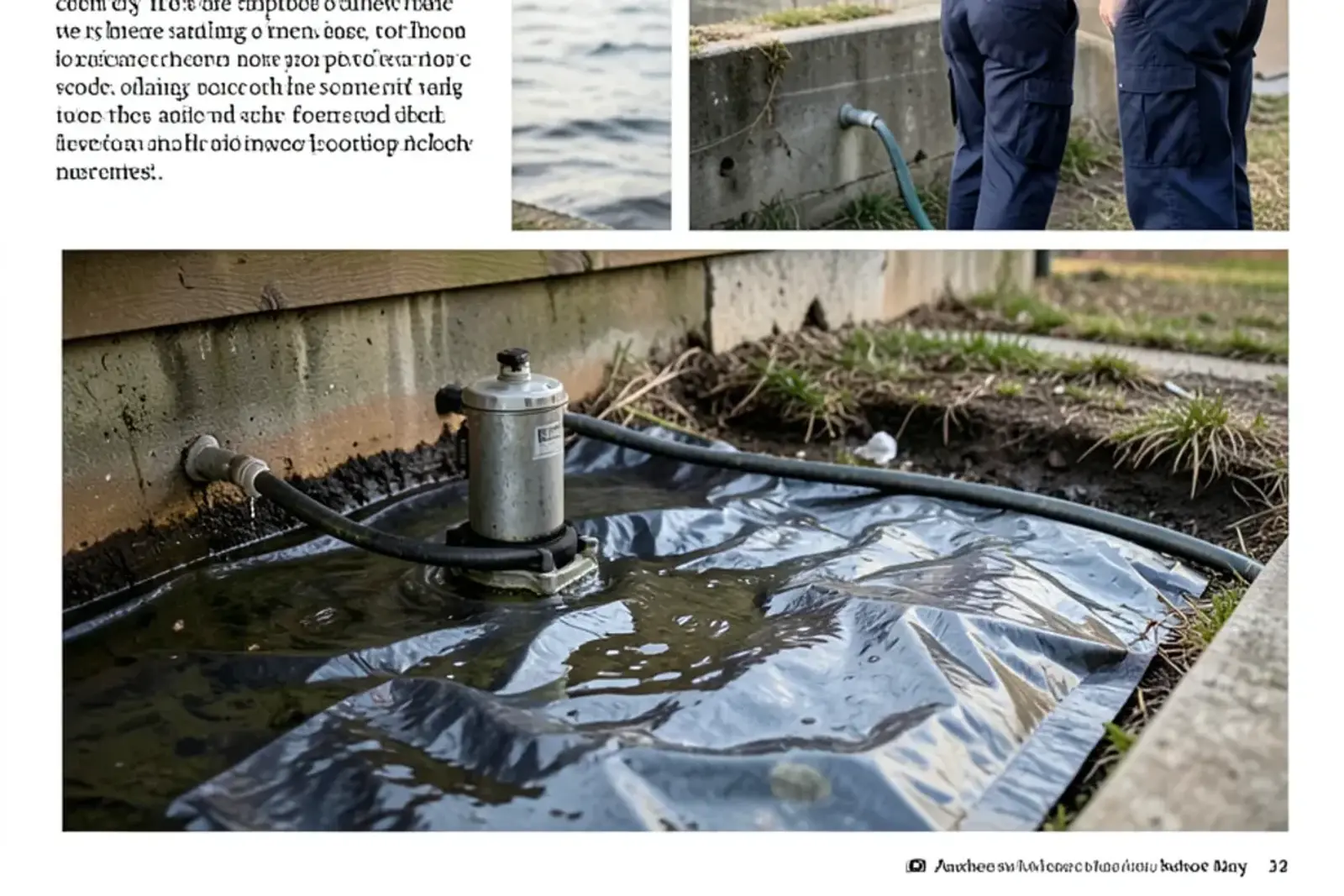 Small pump sitting in standing water inside the crawl space of a low shoreline cottage