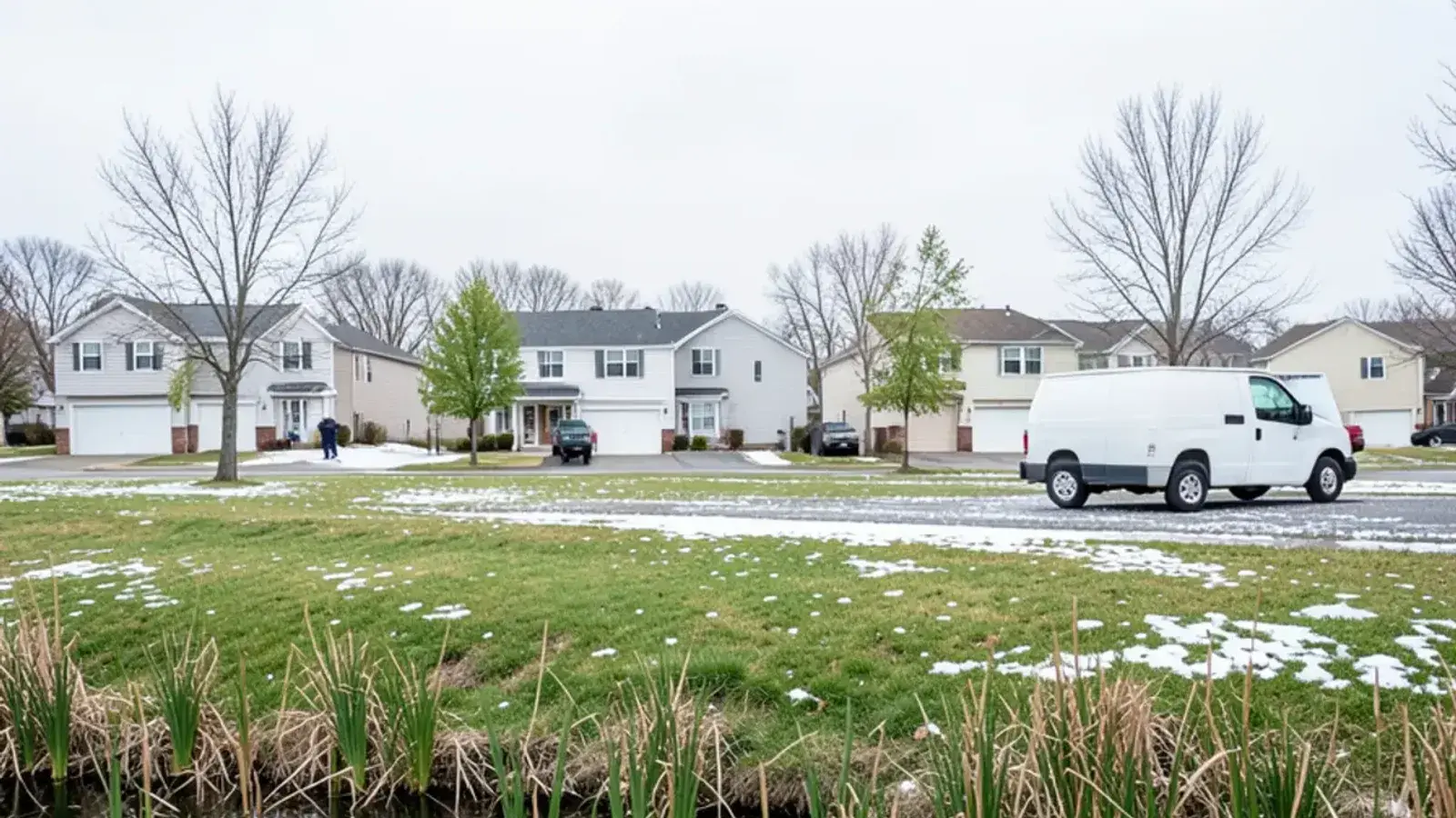 Vinyl-sided two-story subdivision homes with attached garages beside a stormwater retention pond on flat ground