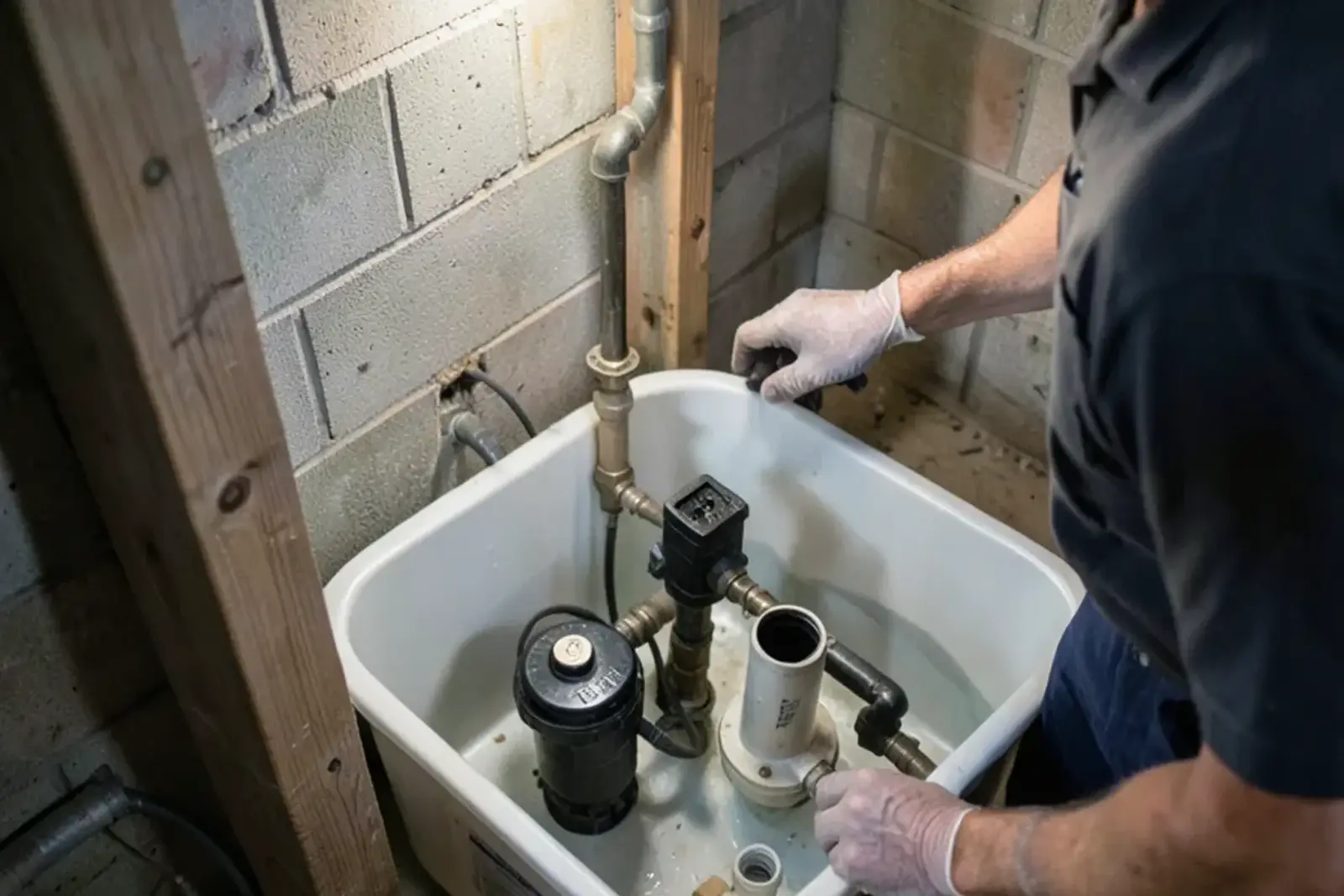 Basement sump crock with a primary pump and a second backup pump mounted beside it on the discharge pipe