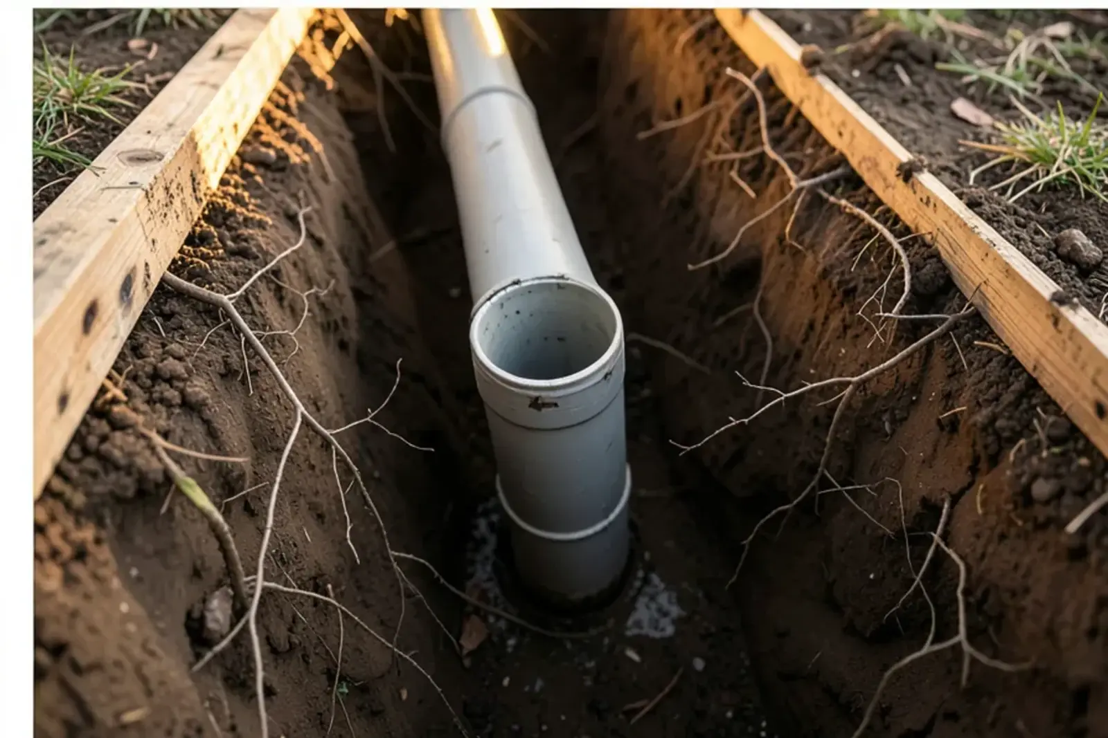 Exposed section of old clay sewer pipe in a trench showing a separated joint and fine roots