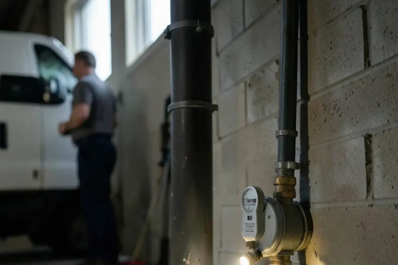 Water service pipe coming up through a basement floor next to a water meter and a quarter-turn shutoff valve