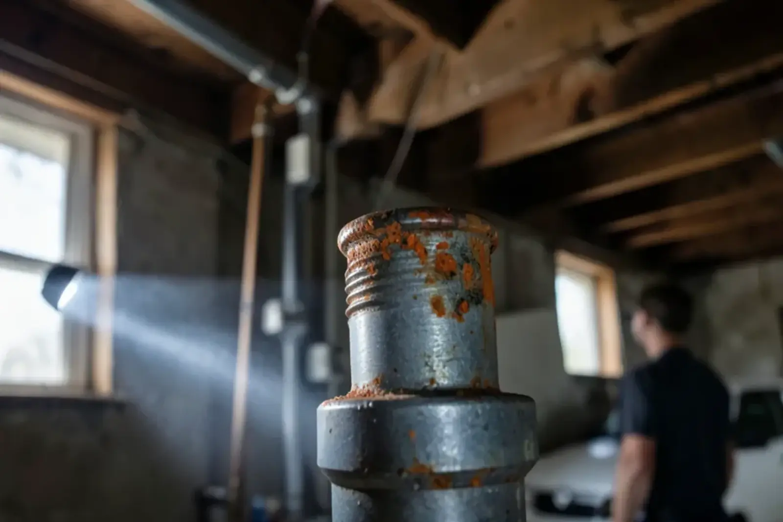 Threaded galvanized steel tee with orange rust bloom at the joints on a supply line under bungalow floor joists