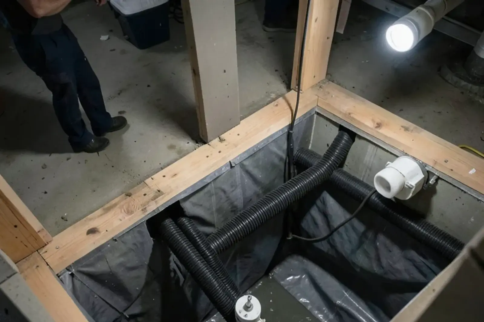 Open sump pit showing a black drain tile inlet and a submersible pump in a finished-basement utility room