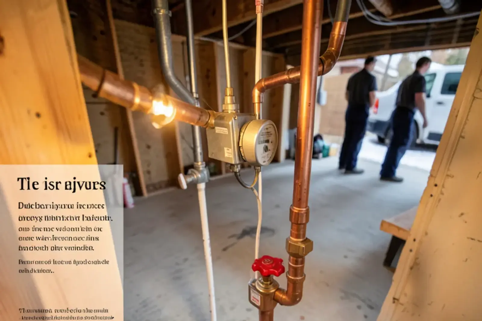 Copper water service pipe rising through a poured basement floor to a ball valve and a water meter