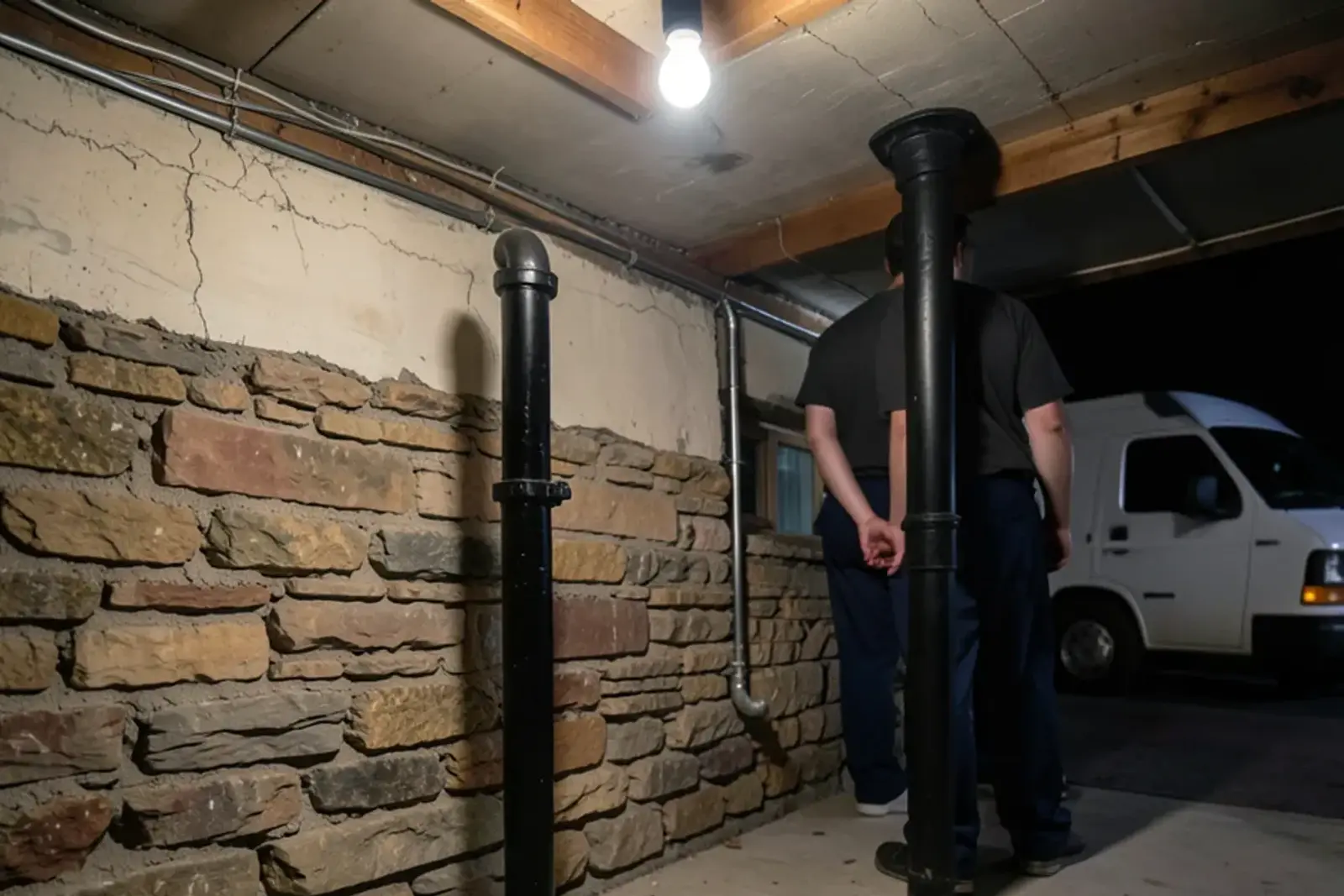 Old basement with a fieldstone wall, a cast iron floor drain and a cleanout plug on a black iron stack