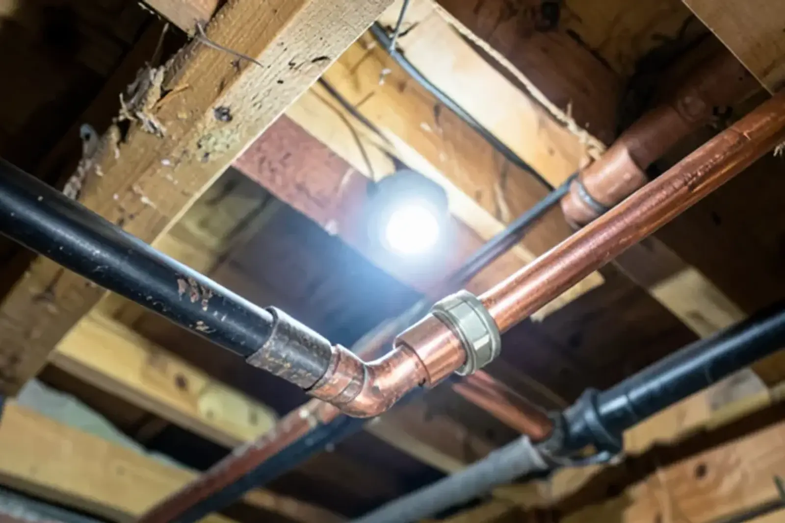 Basement ceiling in an older ranch with a galvanized steel branch line spliced into newer copper