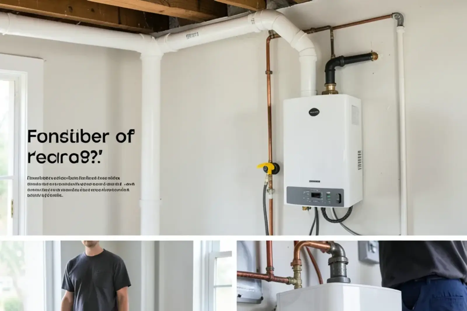 Wall-mounted tankless water heater with a black iron gas line and shutoff valve in a utility room