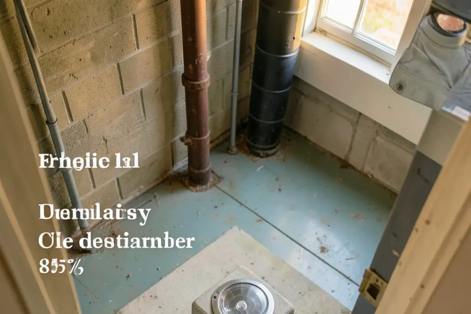 Clear-lid access cover of a backwater valve set into a patched section of an old basement floor near the front wall