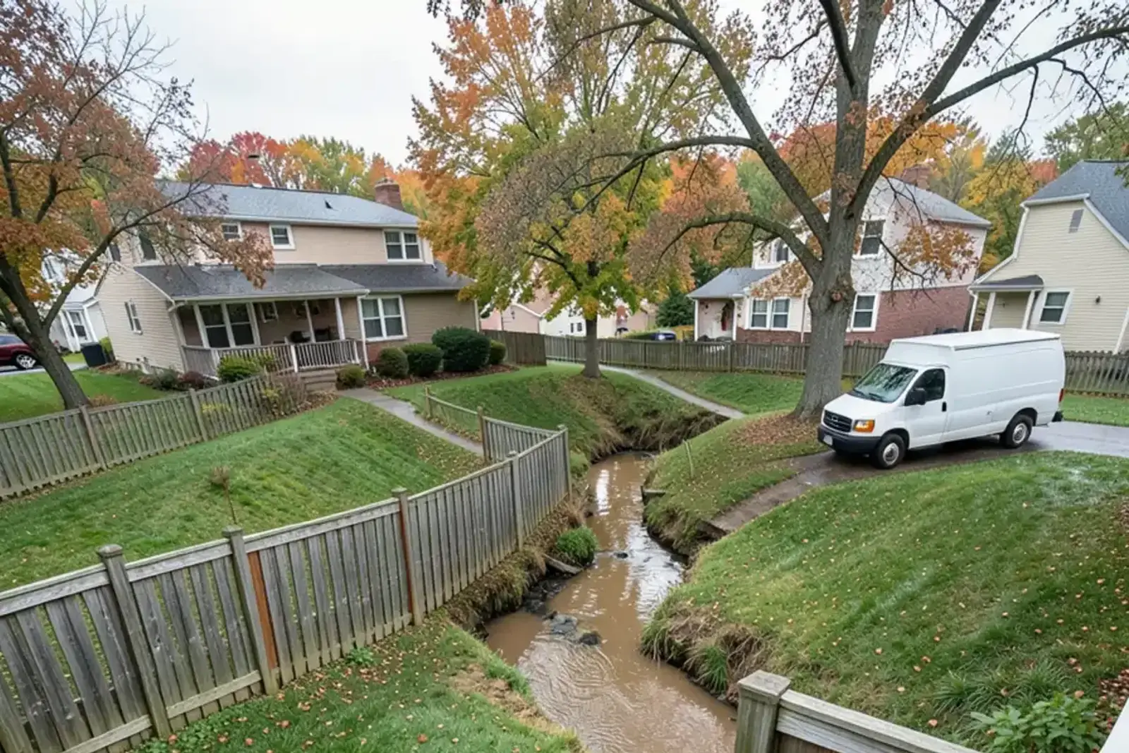 Grassy backyard swale sloping toward a tree-lined open drain behind a row of suburban homes after rain