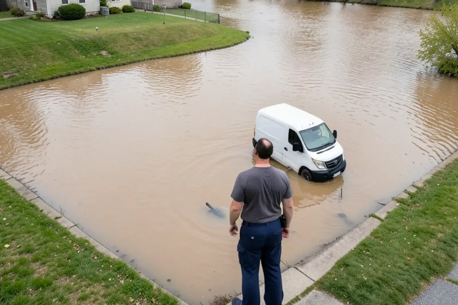 Brown floodwater covering the end of a residential side street near a line of riverbank trees