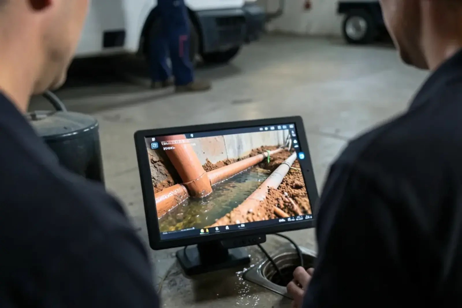 Inspection monitor showing an open joint in an old clay sewer lateral with water seeping in