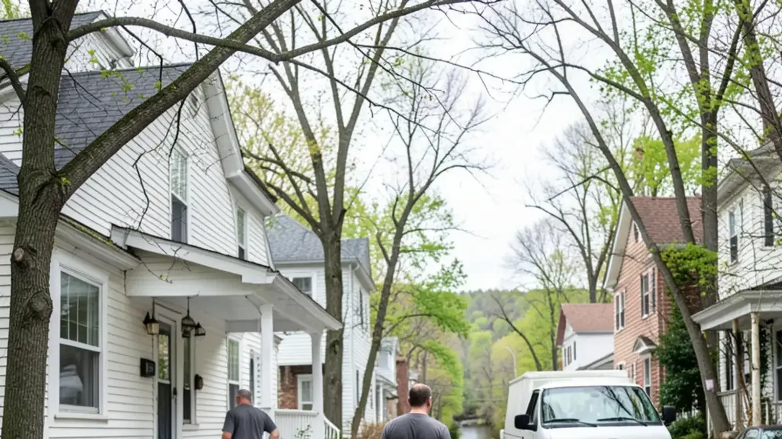 Modest one-and-a-half-story house with a covered porch on a narrow tree-lined street ending at a wooded river valley