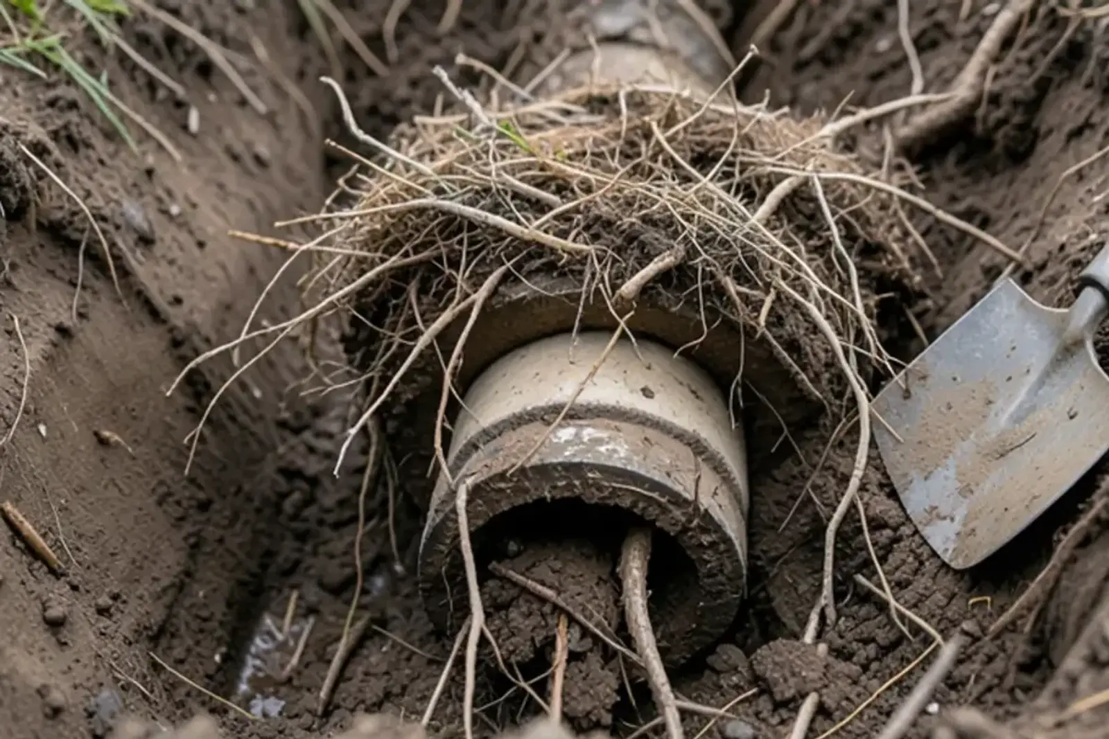 Close view of tree roots growing into the joint of an excavated clay sewer lateral