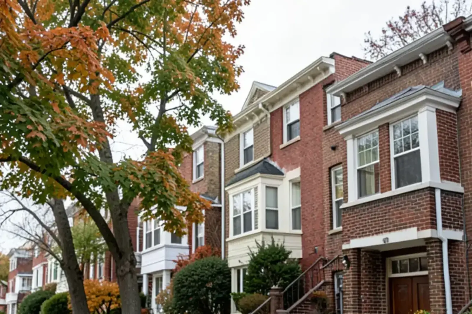 Street of 1950s brick bungalows with detached garages and maple trees