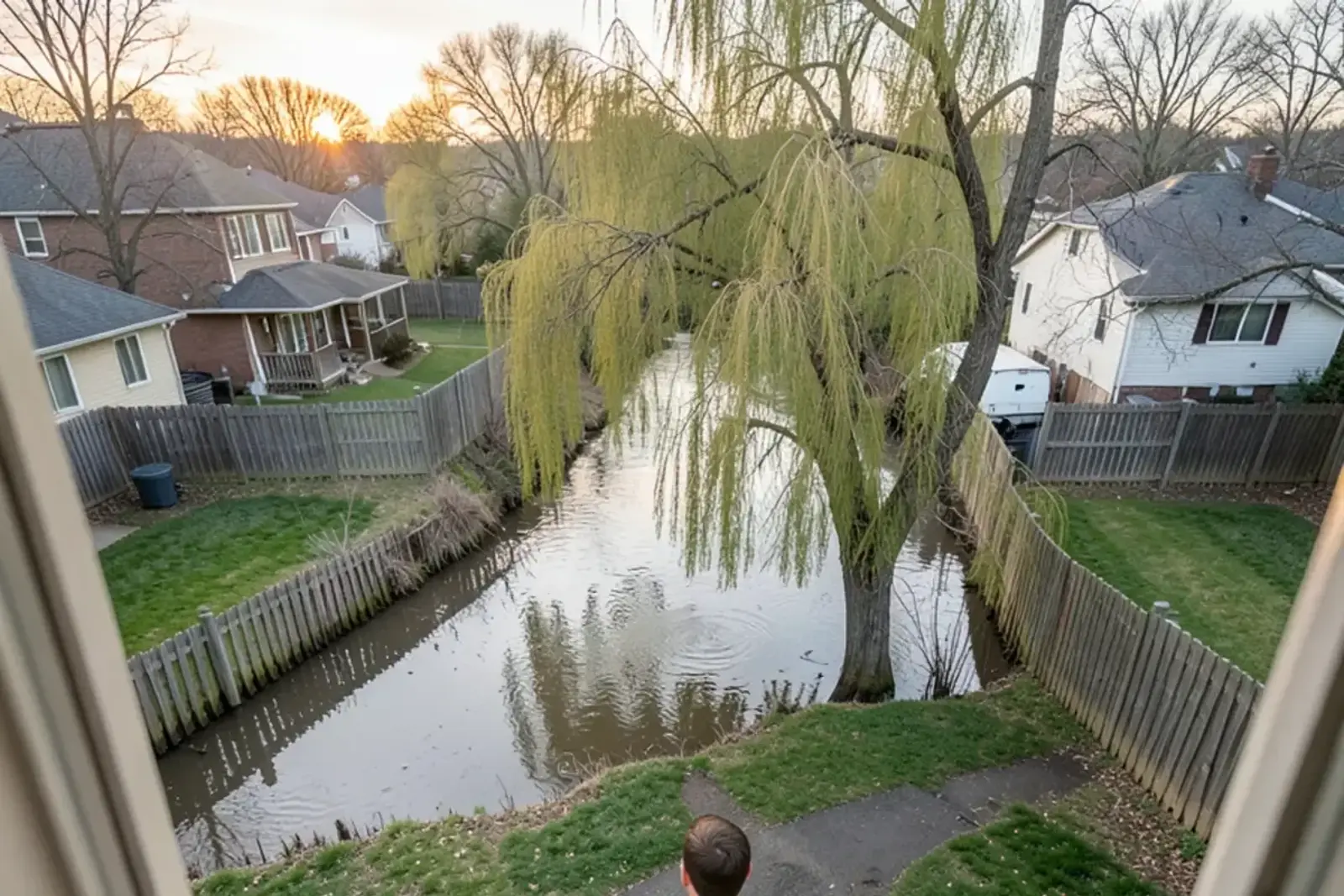 Tree-lined river bend running behind backyards in a suburban floodplain