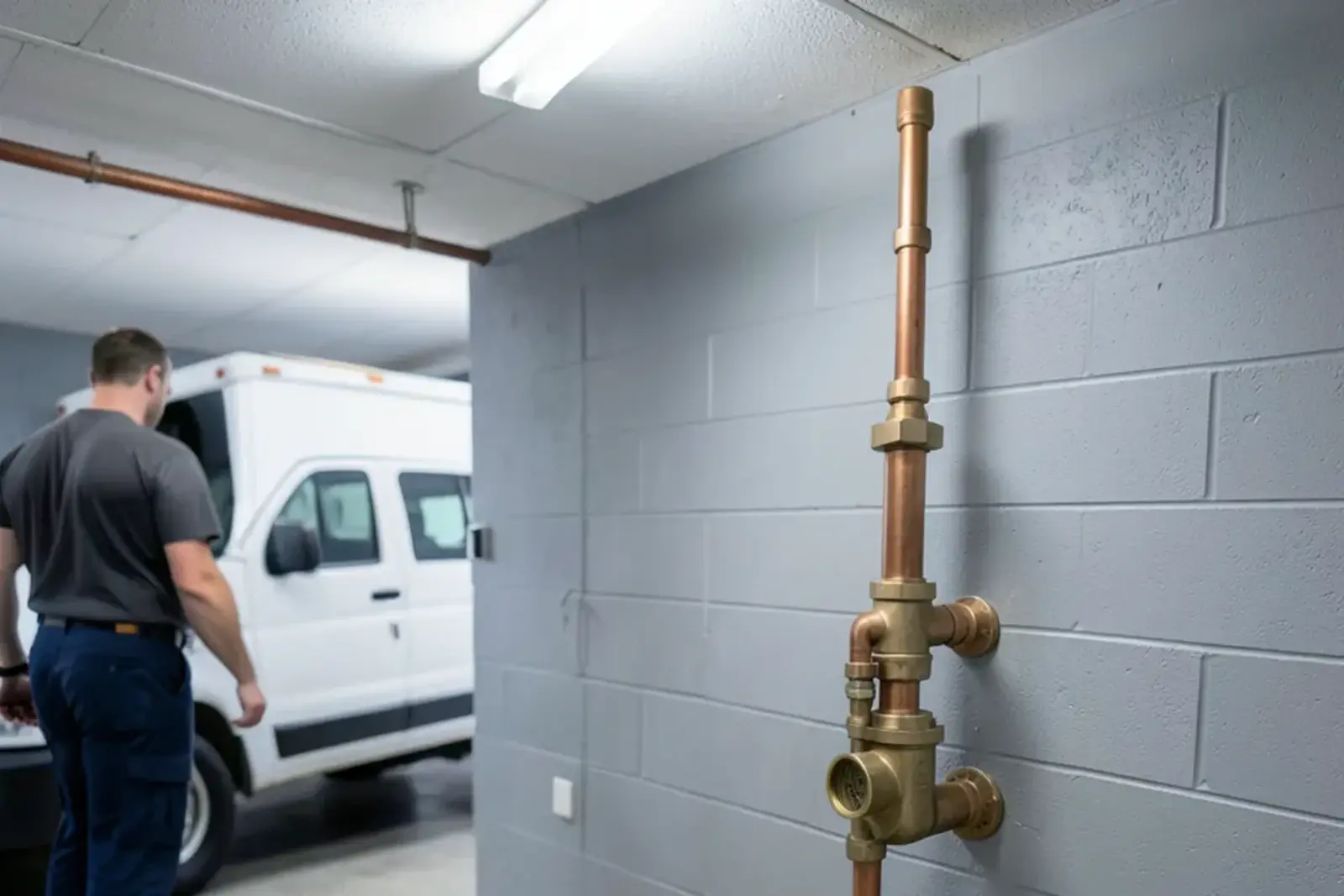Reduced pressure zone backflow assembly with a relief port mounted on a painted block wall in a small commercial utility room