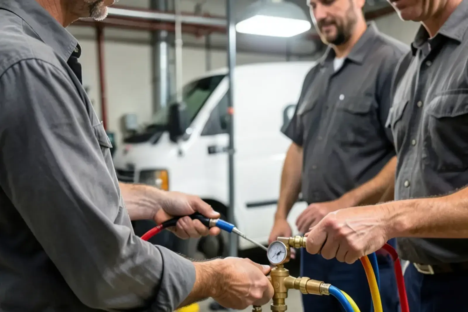 Differential pressure test kit with three colored hoses connected to the test cocks of a backflow assembly
