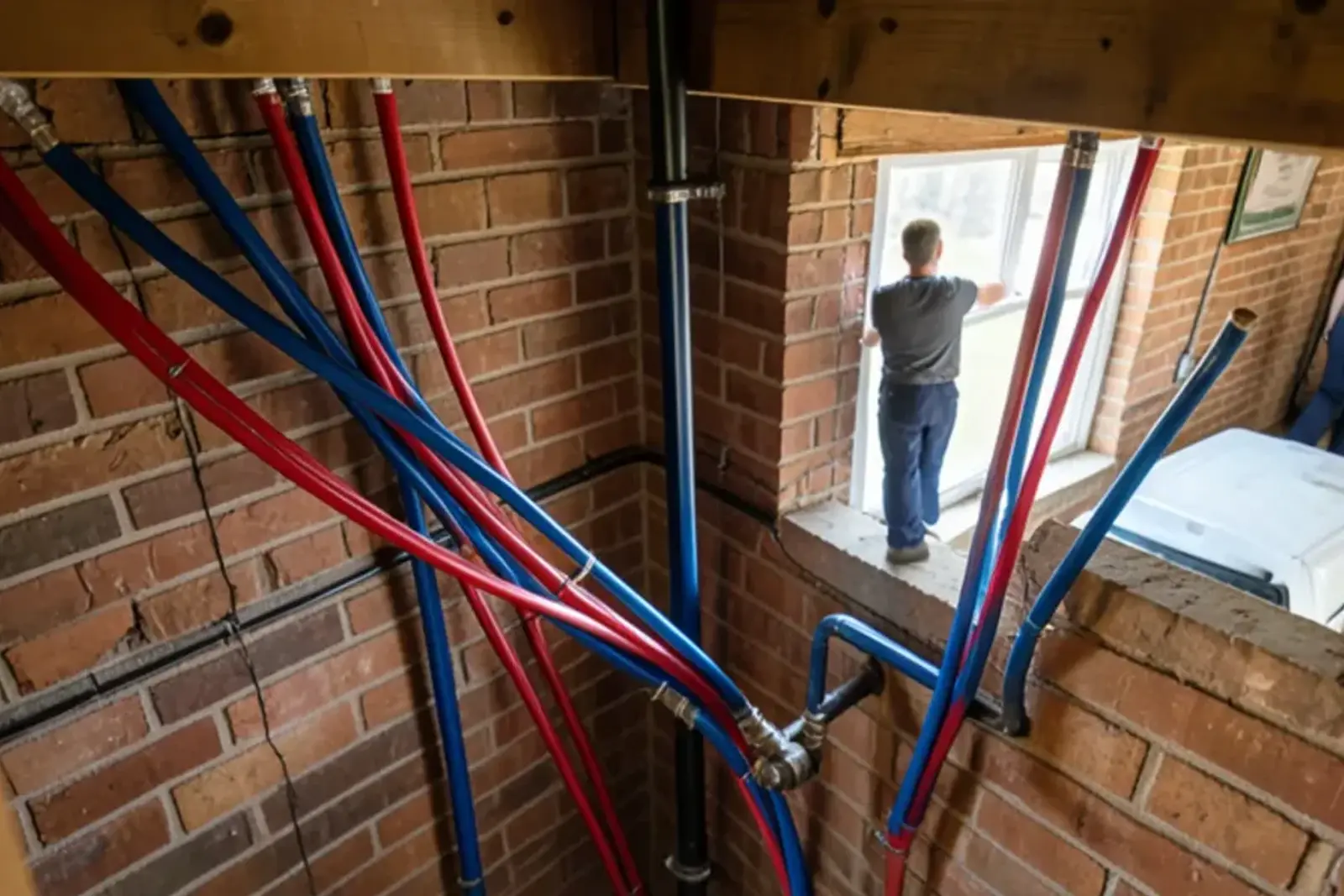 New red and blue PEX lines fanning out from a manifold on a basement wall