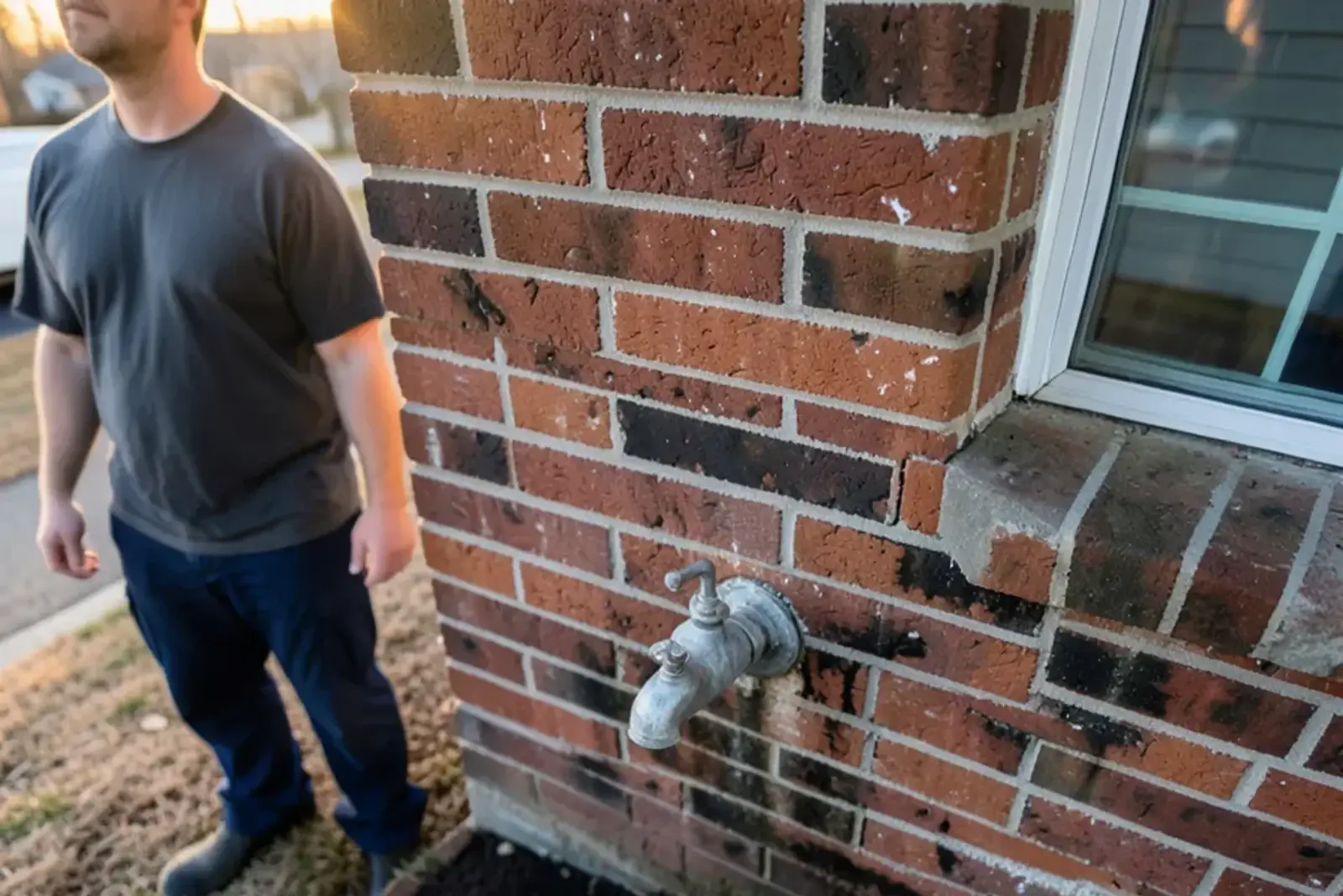 Frost-free outdoor faucet on a brick wall with a damp patch on the masonry below it