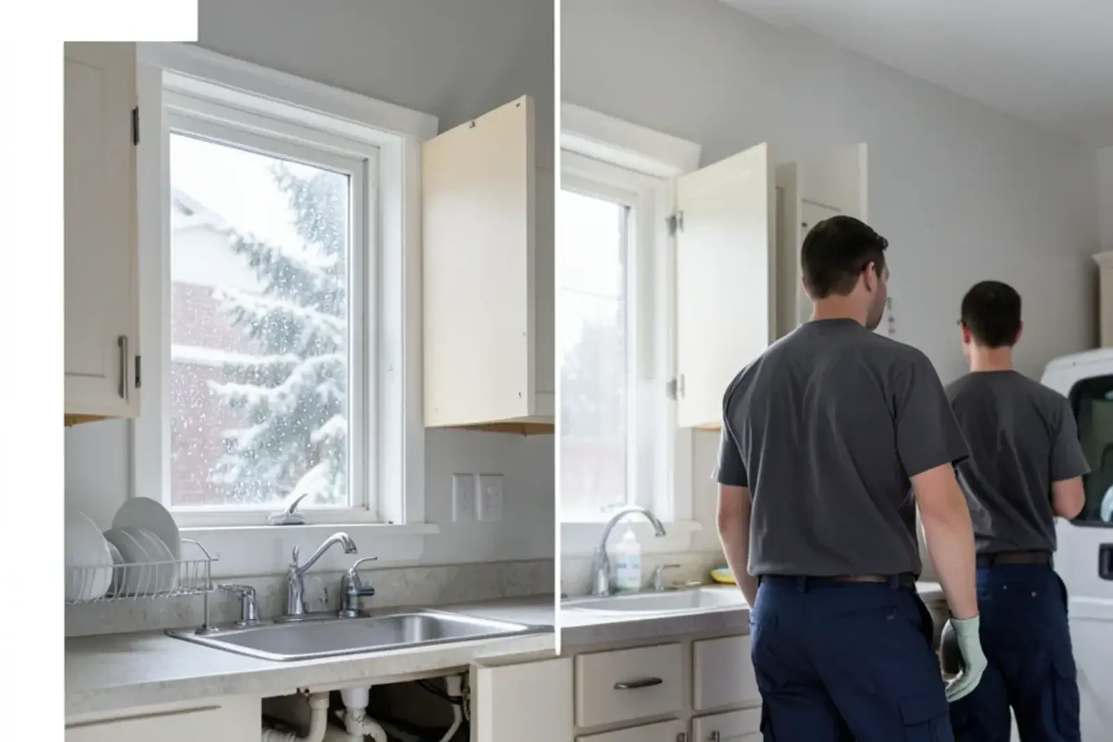 Kitchen sink cabinet doors propped open on an outside wall during a cold snap so room heat reaches the pipes