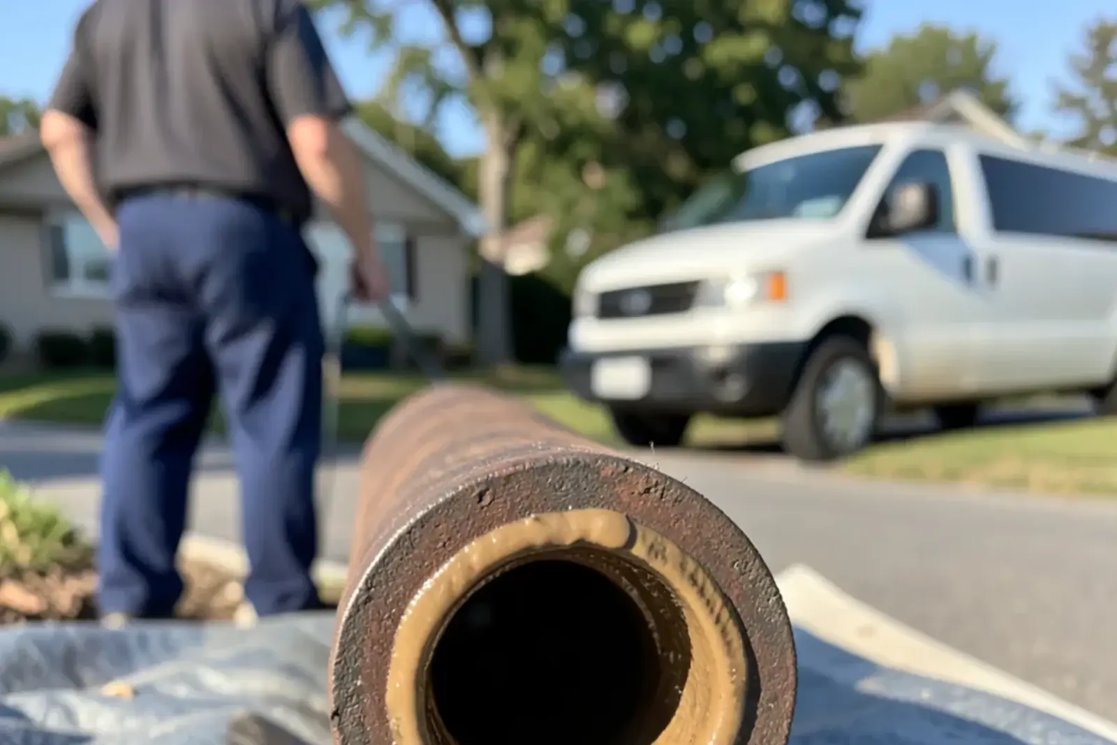 Cut section of an old drain pipe with a thick ring of hardened grease narrowing the opening