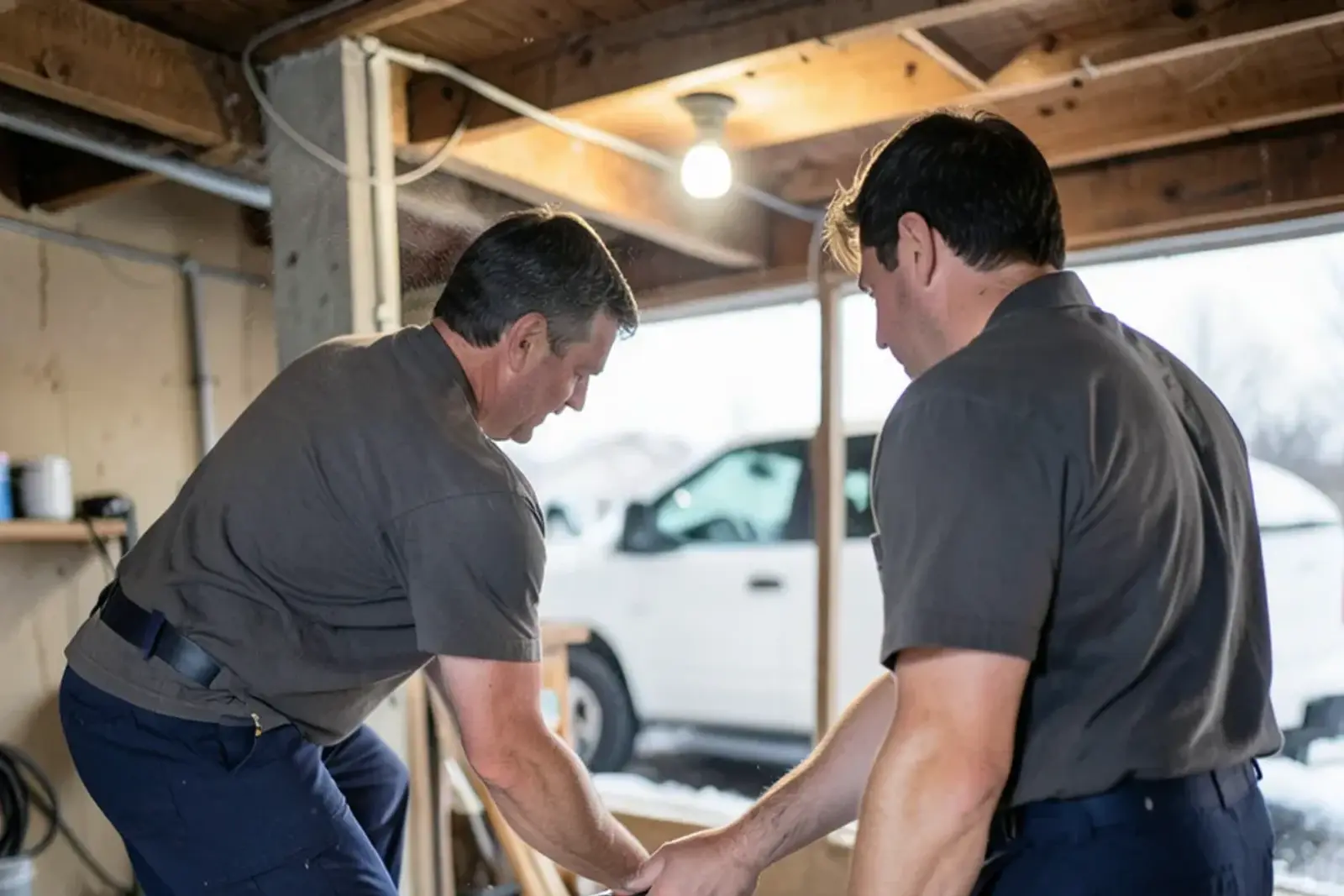 Jetting hose running into an open basement cleanout while a technician holds the foot pedal control