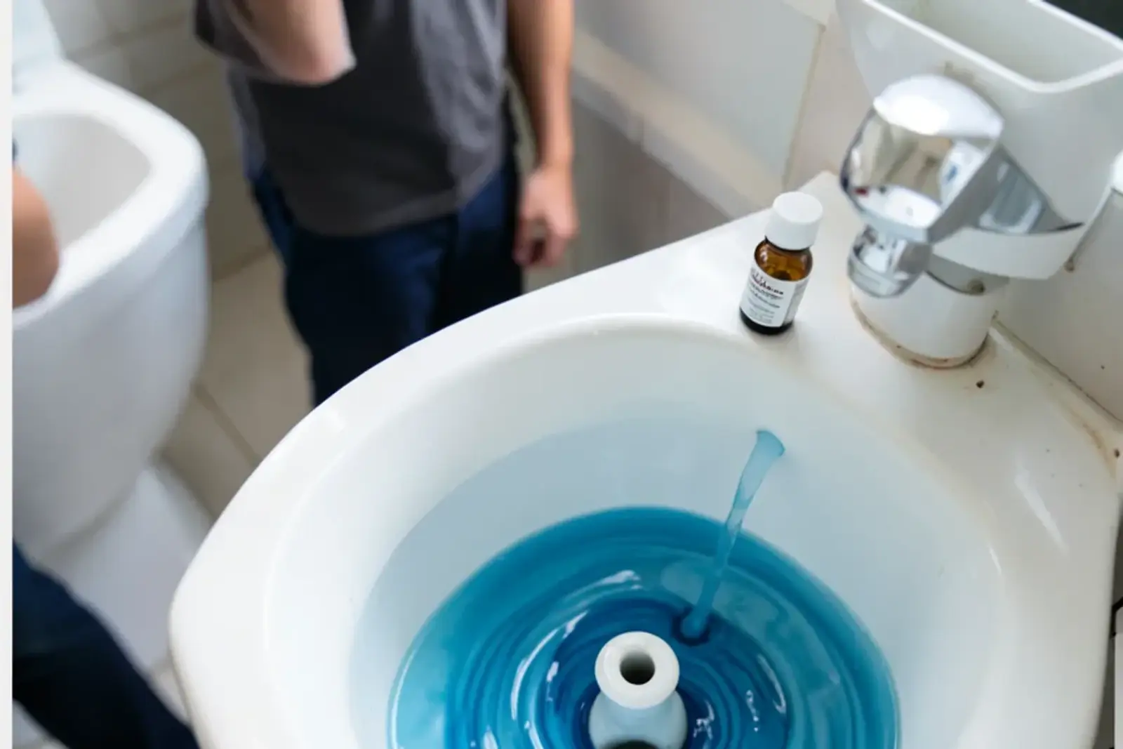 Blue food coloring spreading through the water in an open toilet tank for a leak test