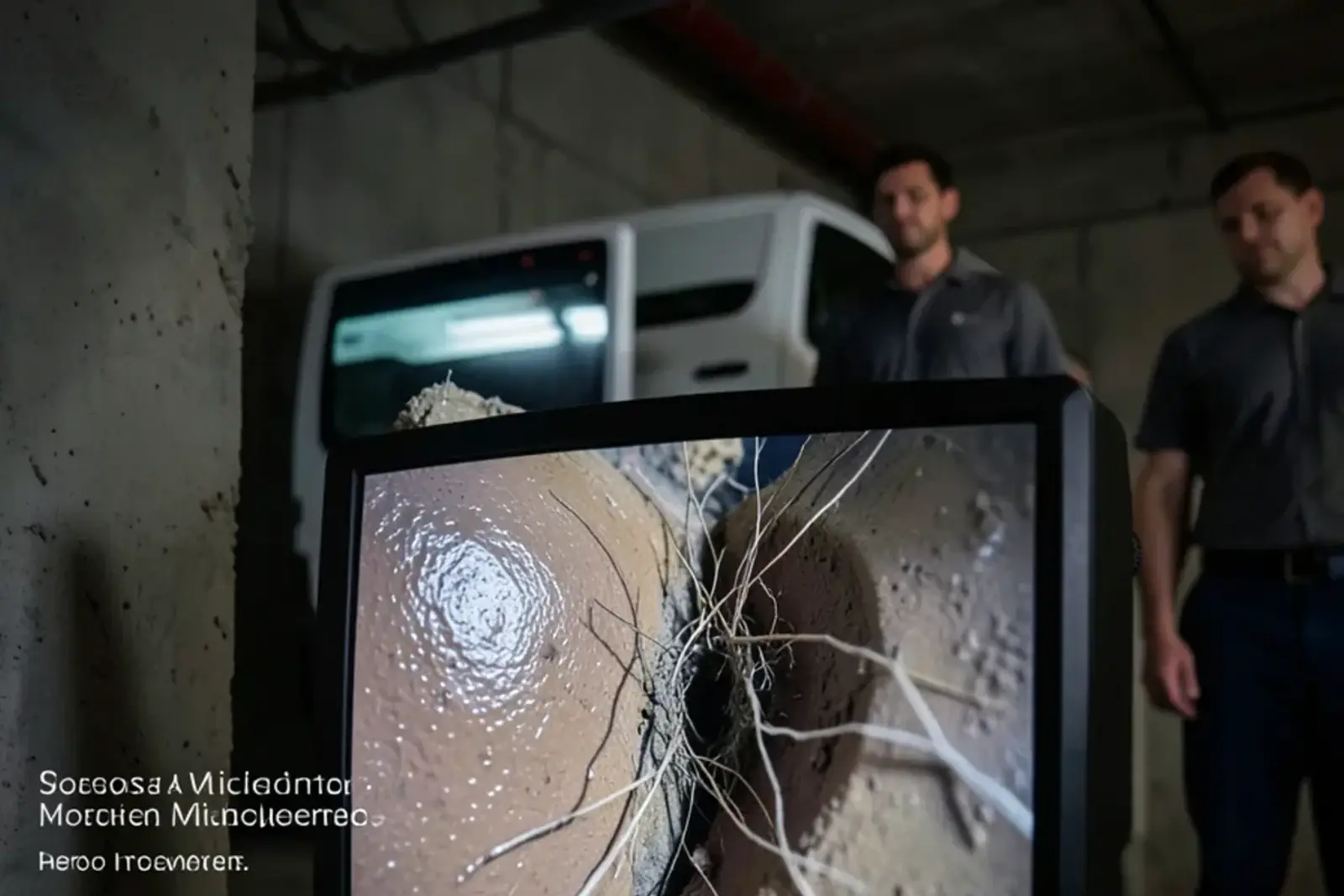 Camera monitor view of fine tree roots growing through a joint inside a clay sewer pipe
