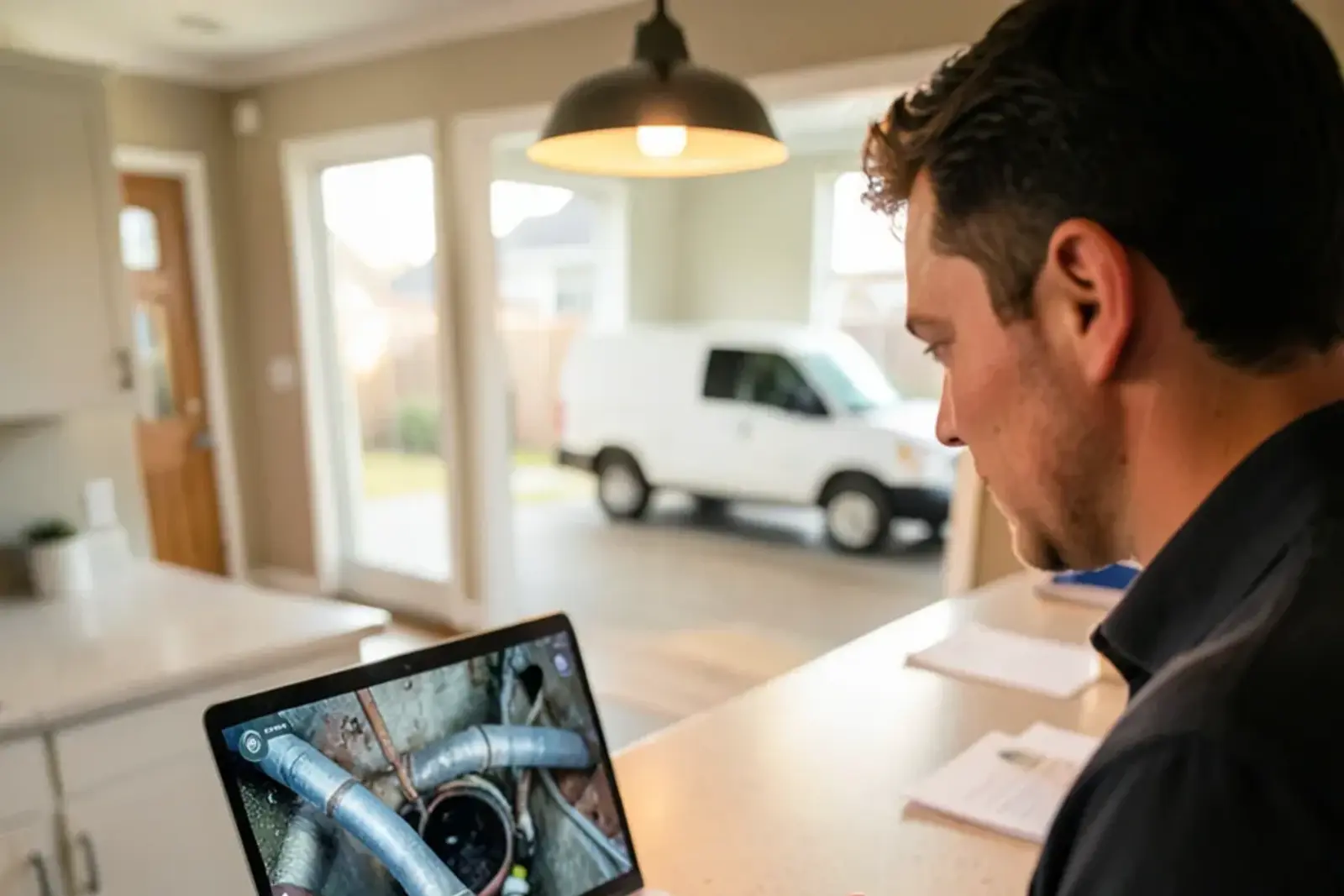 Laptop on a kitchen counter playing sewer camera footage beside a printed purchase agreement