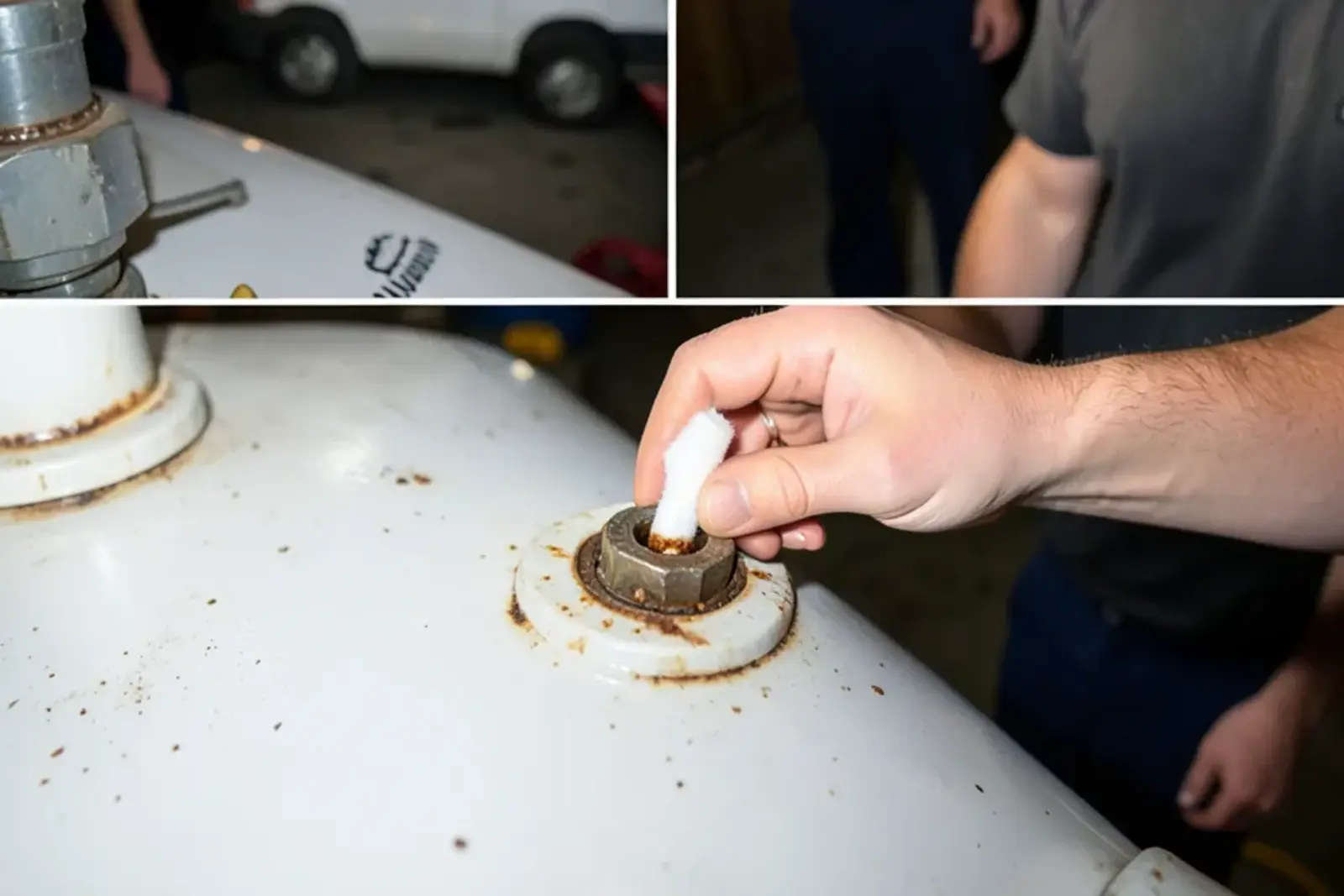 Cotton swab pressed into the gap around a pipe fitting on top of a water heater