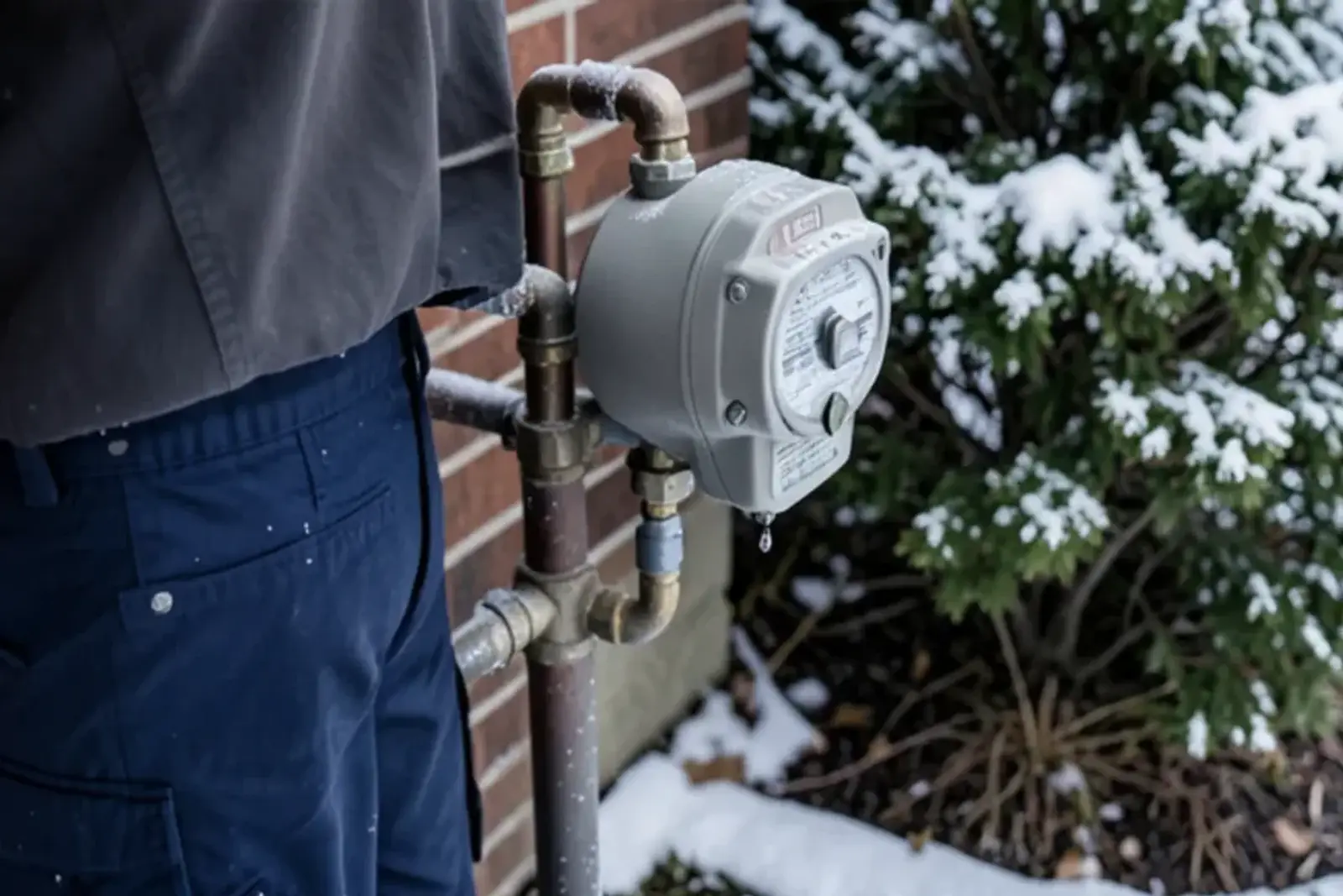 Residential natural gas meter and regulator on the side of a brick house beside a snow-dusted shrub
