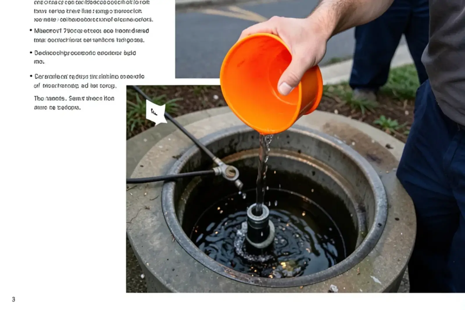 Bucket of water being poured into a sump pit to make the float rise and start the pump