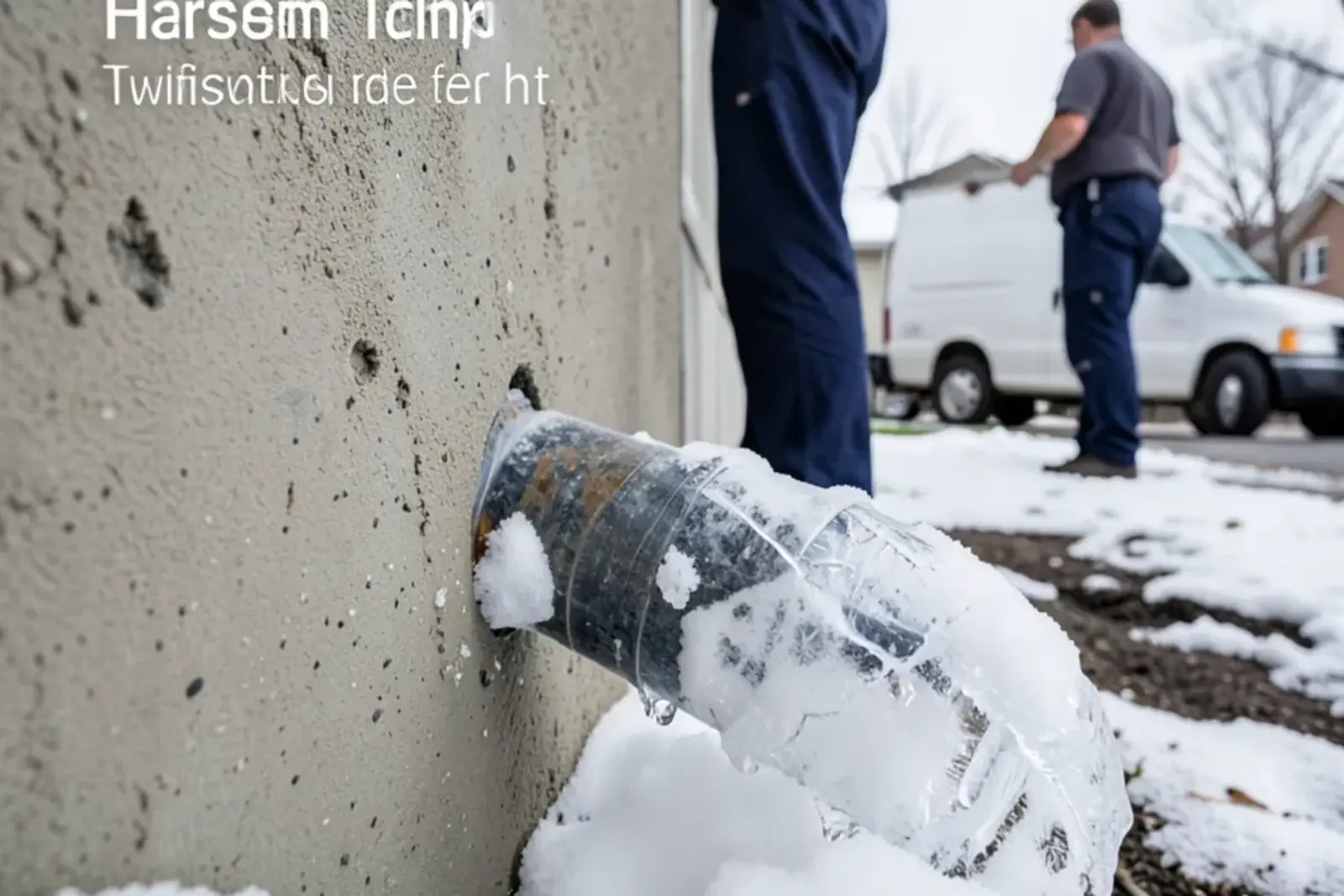 Sump discharge pipe sticking out of a foundation wall with an ice buildup at its end and snow on the ground