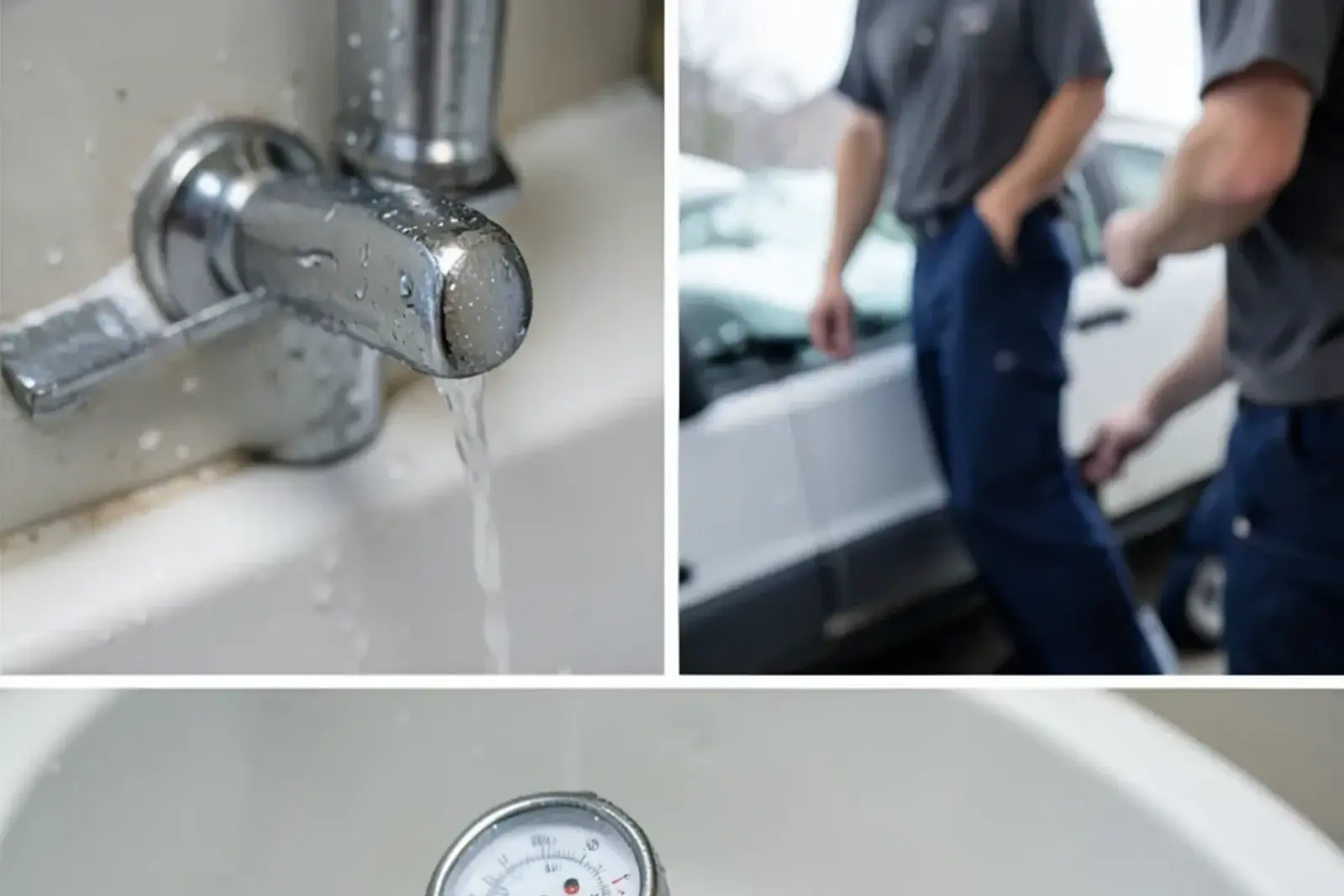 Dial thermometer reading cold water from a basement laundry tub faucet in winter