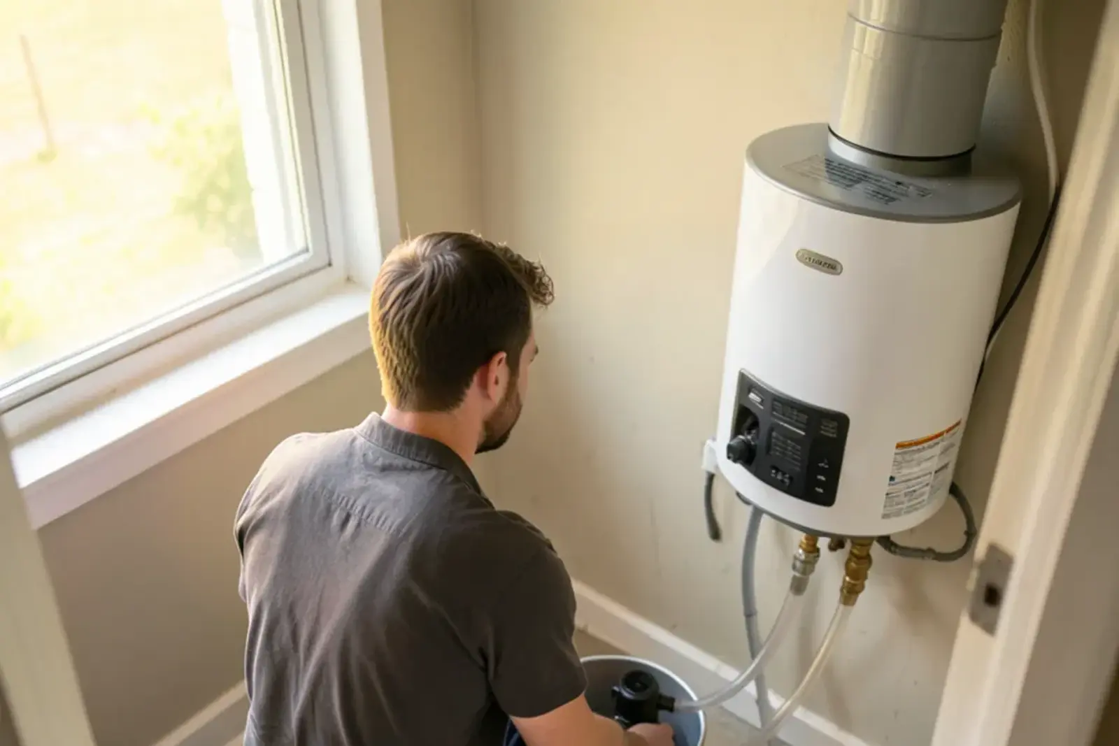 Submersible pump and hoses in a bucket connected to tankless water heater service valves