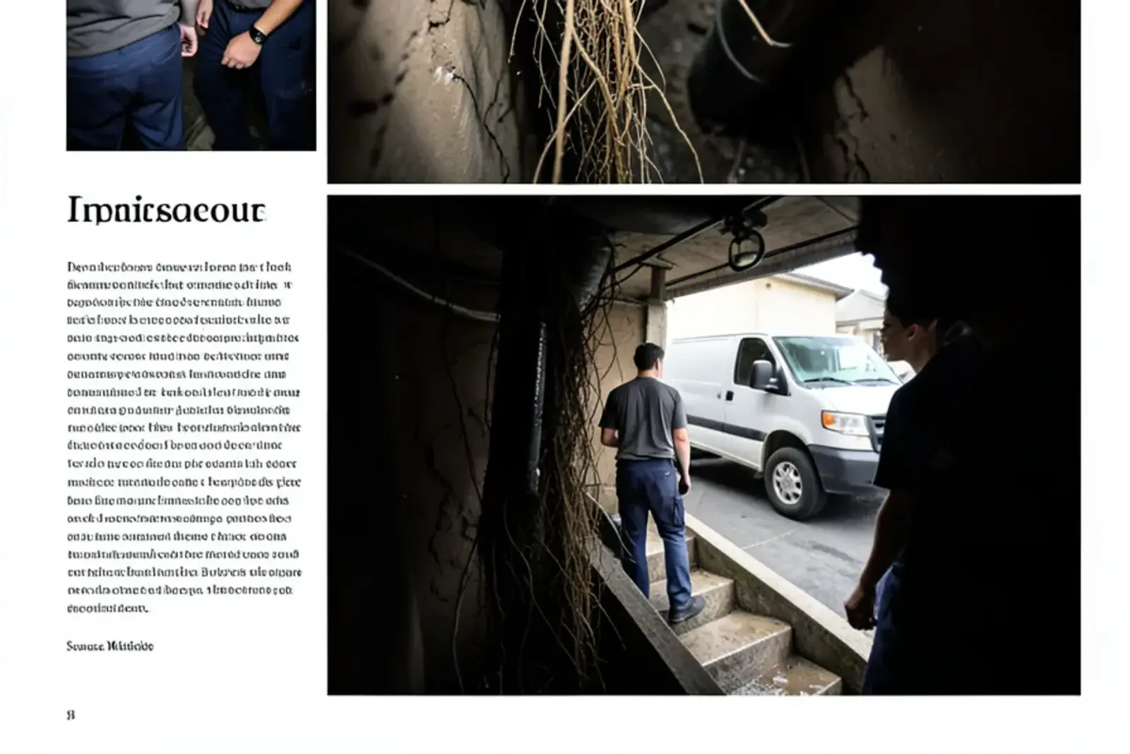 Monitor showing camera footage of fine tree roots hanging from a clay sewer pipe joint