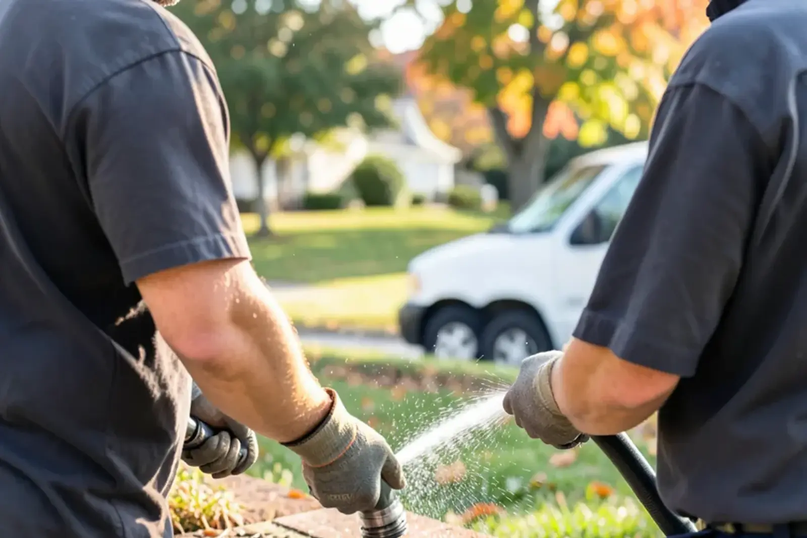 High-pressure jetting hose with a spinning root-cutting nozzle being fed into an outdoor sewer cleanout