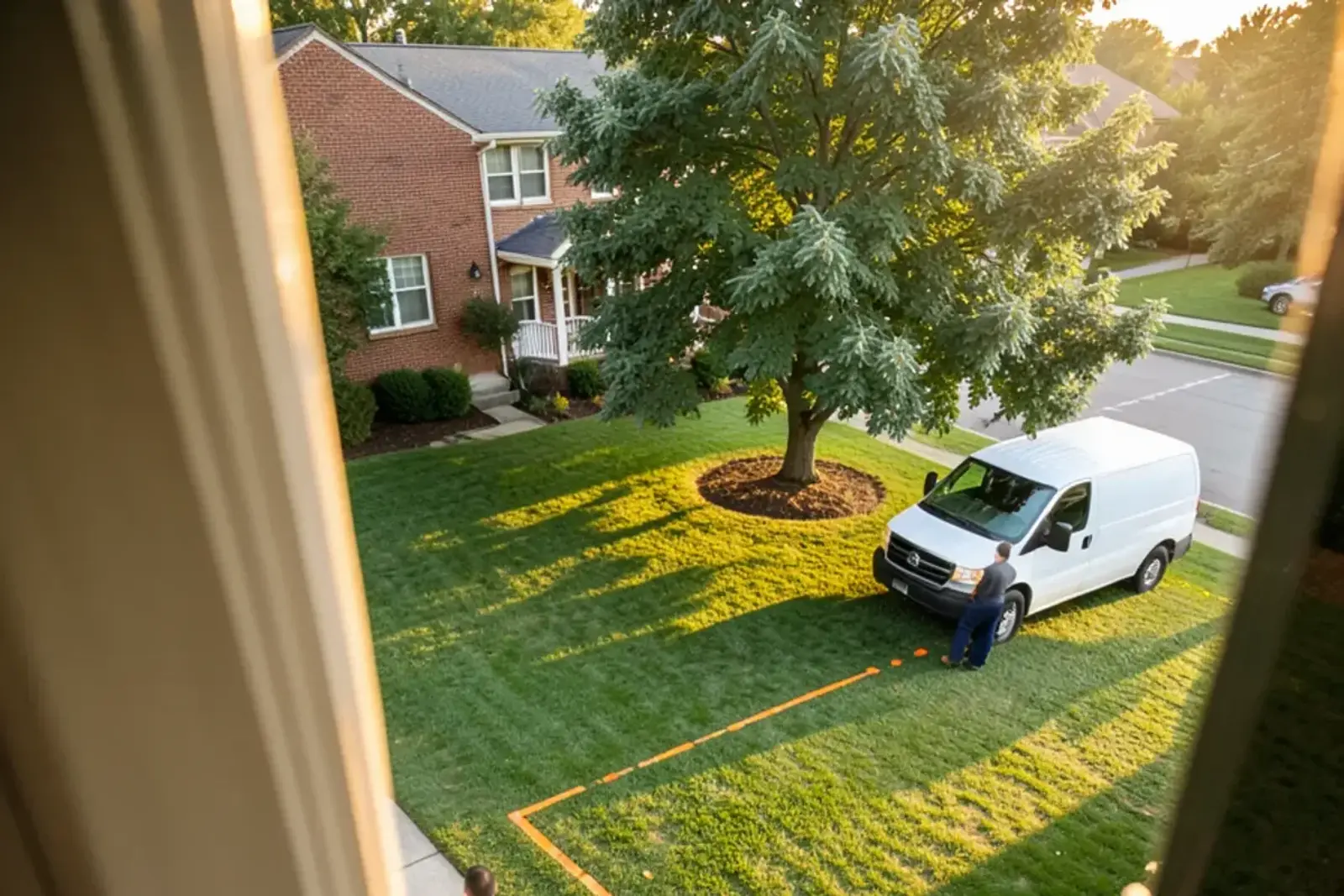 Line of orange paint dots across a front lawn tracing a sewer lateral from a ranch house toward the street