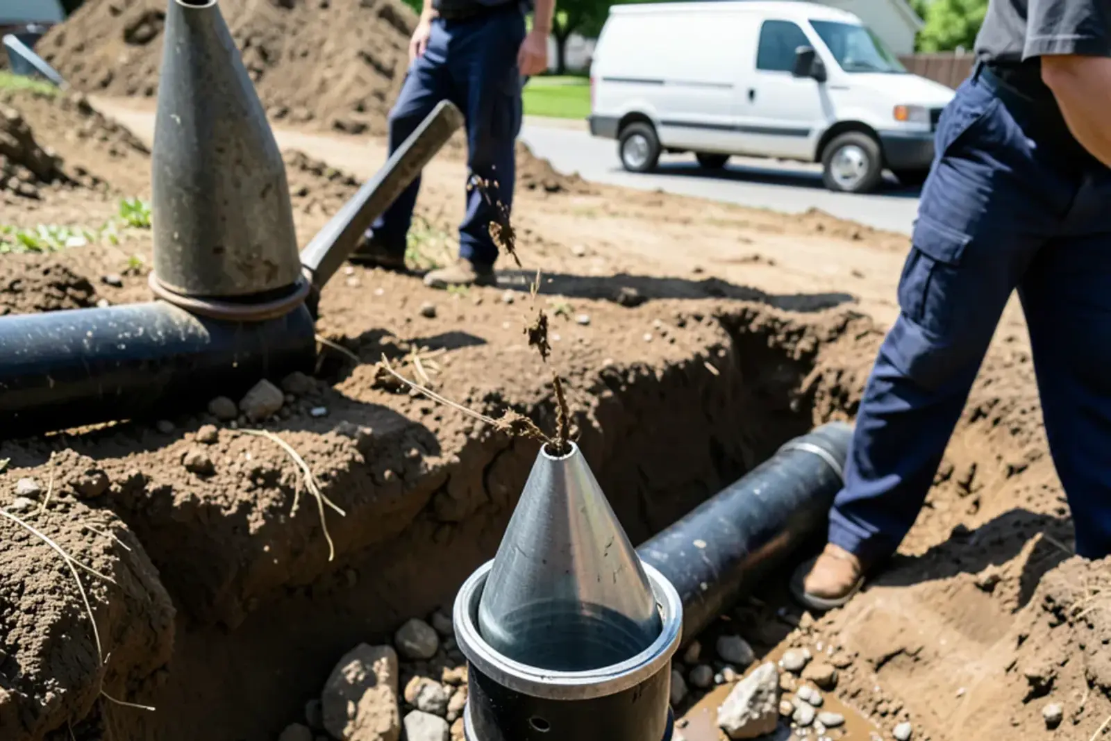 Cone-shaped pipe bursting head attached to new black pipe at the bottom of an excavated access pit
