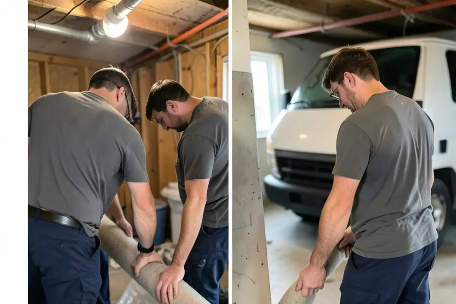 Resin-soaked felt liner tube being fed into an indoor basement cleanout for sewer pipe lining