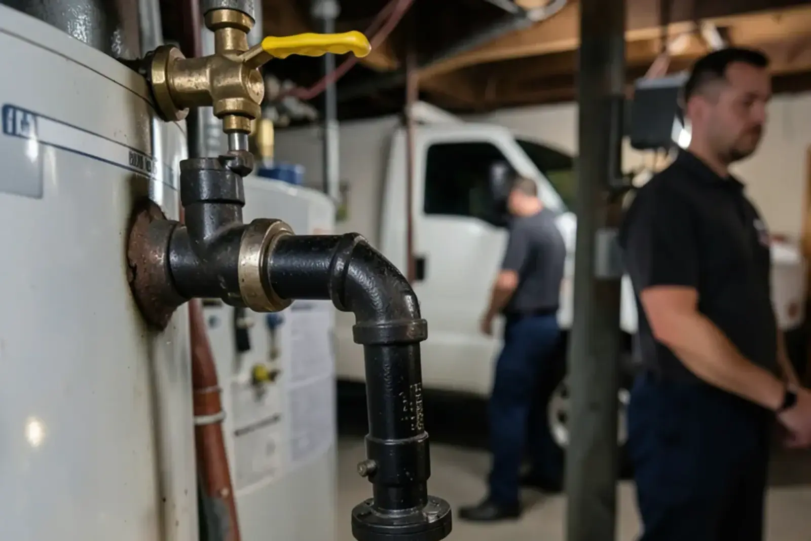 Black iron gas piping with a shutoff valve and capped sediment trap leading into a water heater gas control