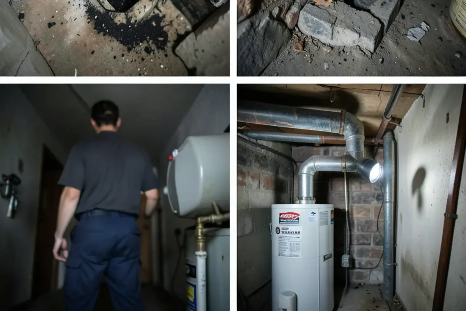 Water heater flue pipe entering an old masonry chimney beside a furnace vent connection