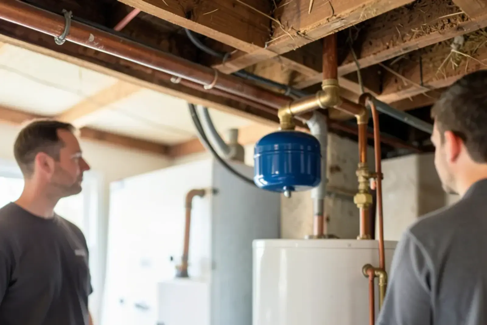 Small blue thermal expansion tank mounted on the cold water line above a water heater