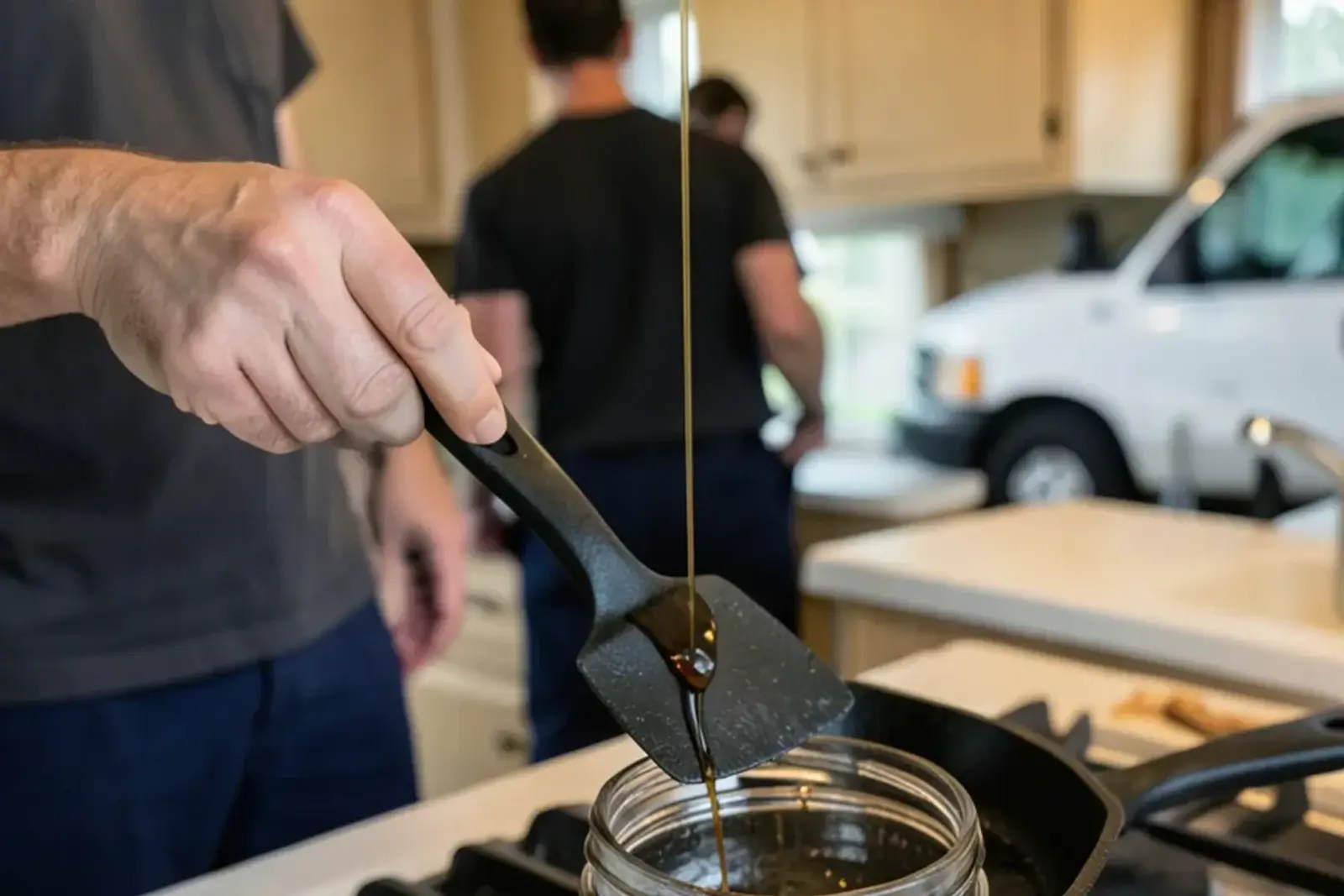 Hand-held skillet tipping cooled bacon grease into an empty glass jar on a stovetop